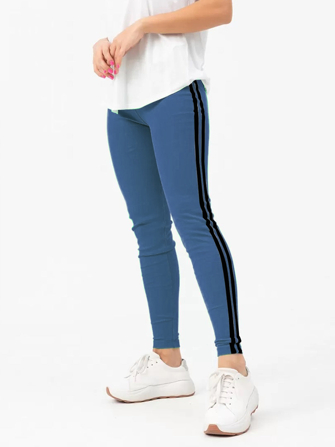 Radprix Women Blue Leggings with Black Fashion Stripe