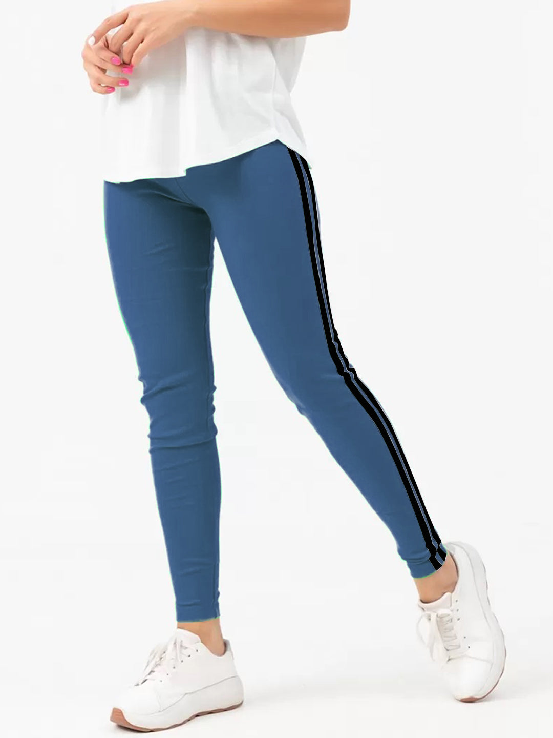 Radprix Women Blue Leggings with Black Fashion Stripe