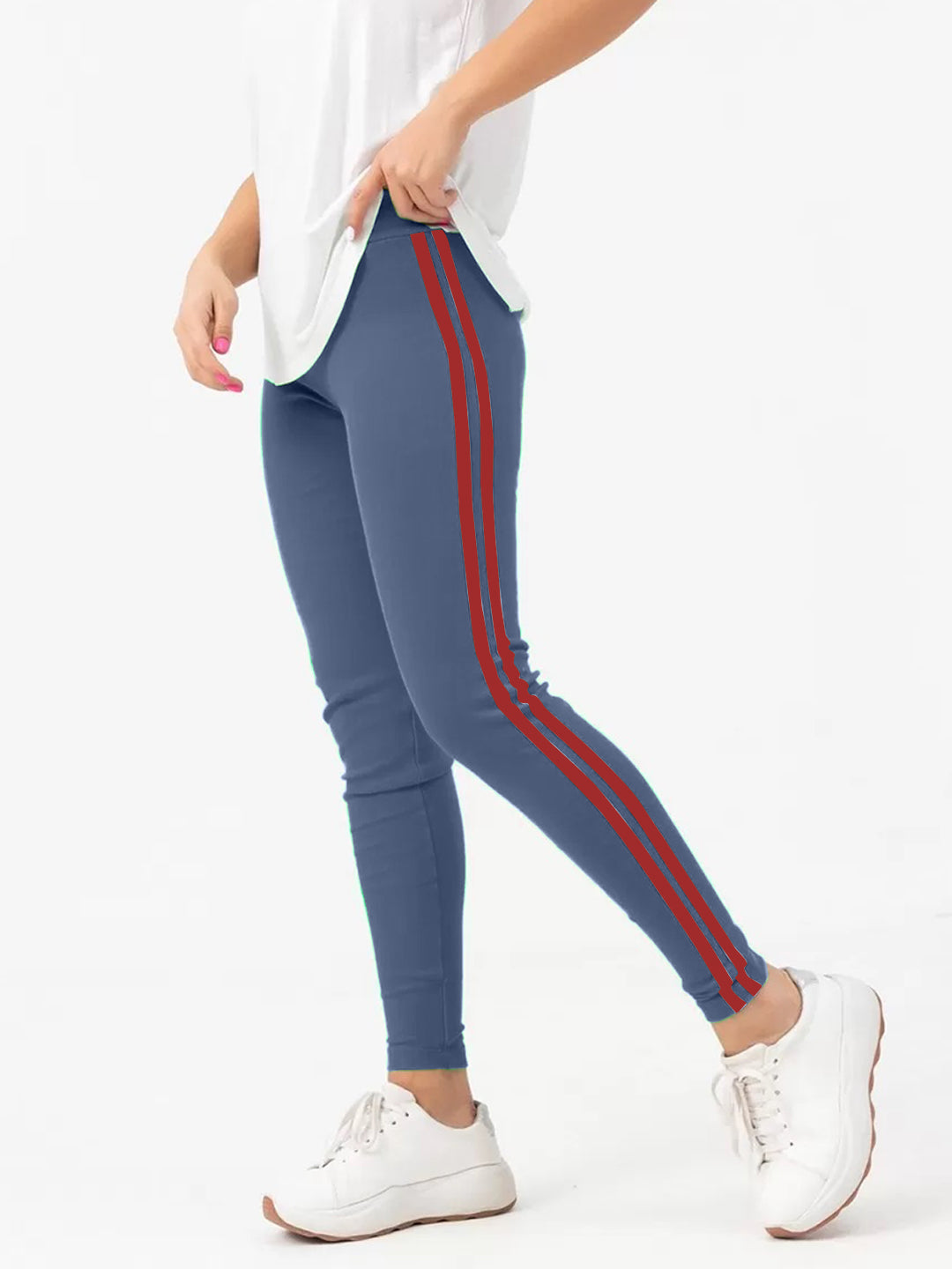 Radprix Women Light Blue Leggings with Red Fashion Stripe