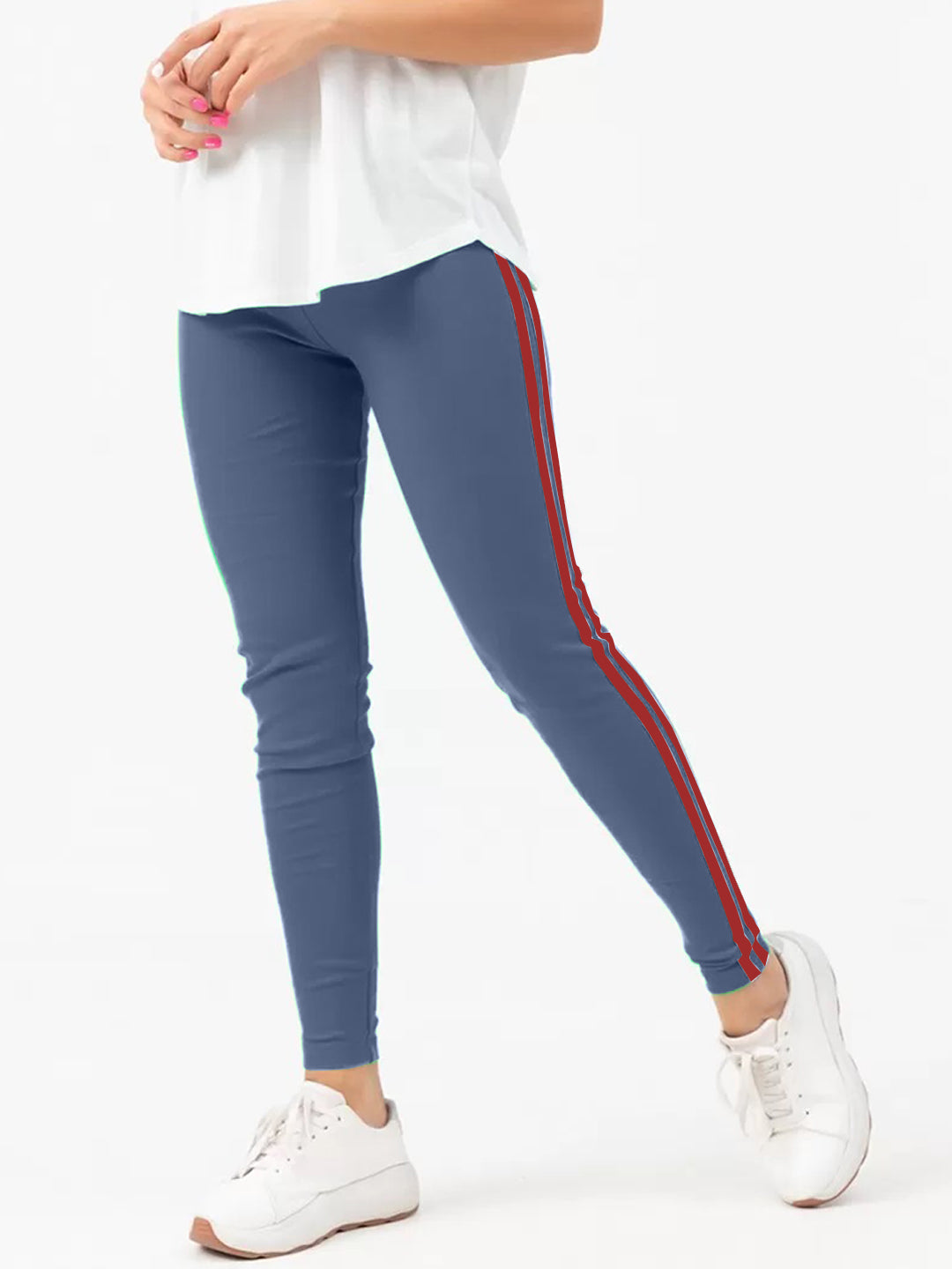 Radprix Women Light Blue Leggings with Red Fashion Stripe