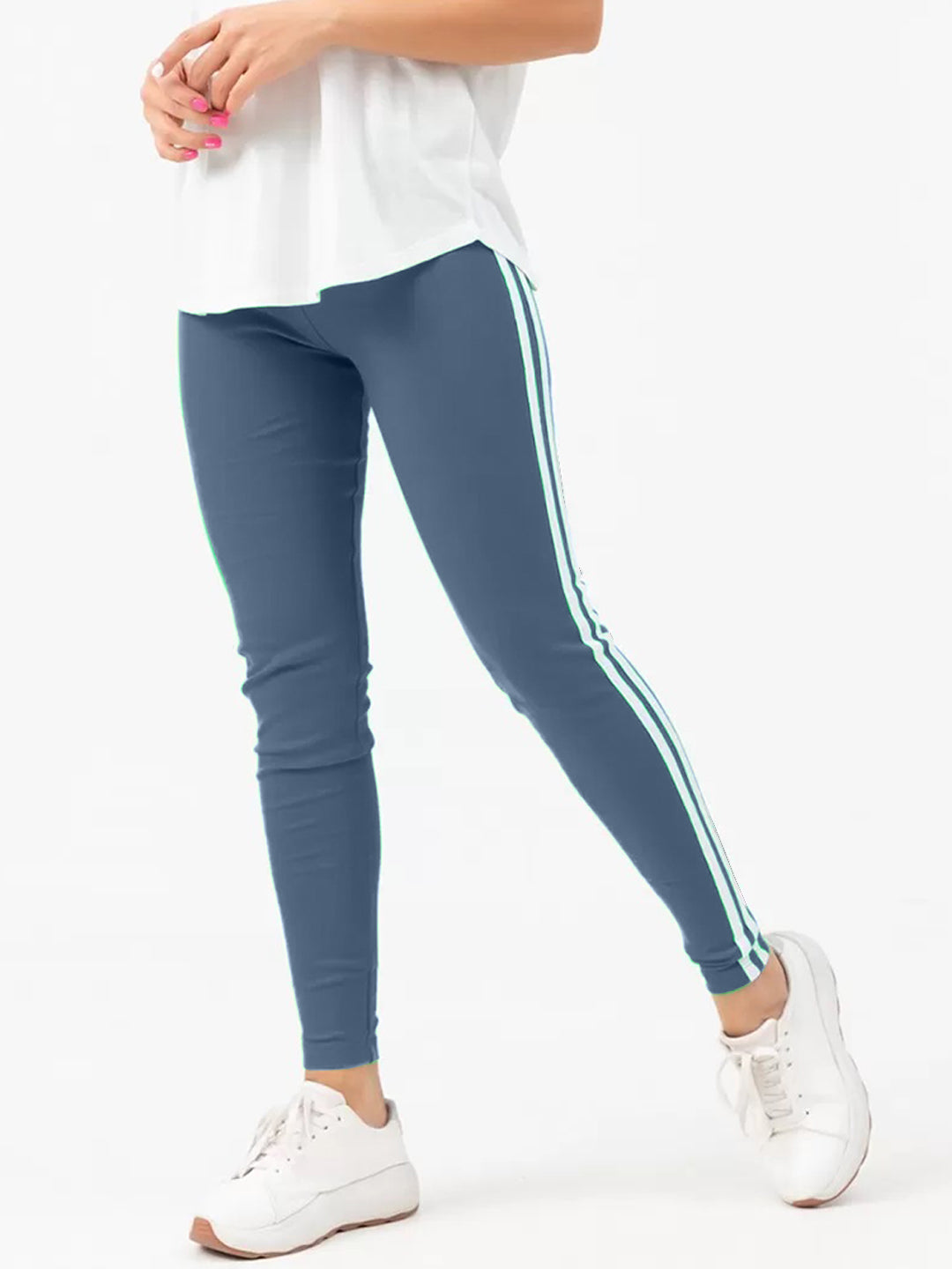 Radprix Women Blue Leggings with White Fashion Stripe