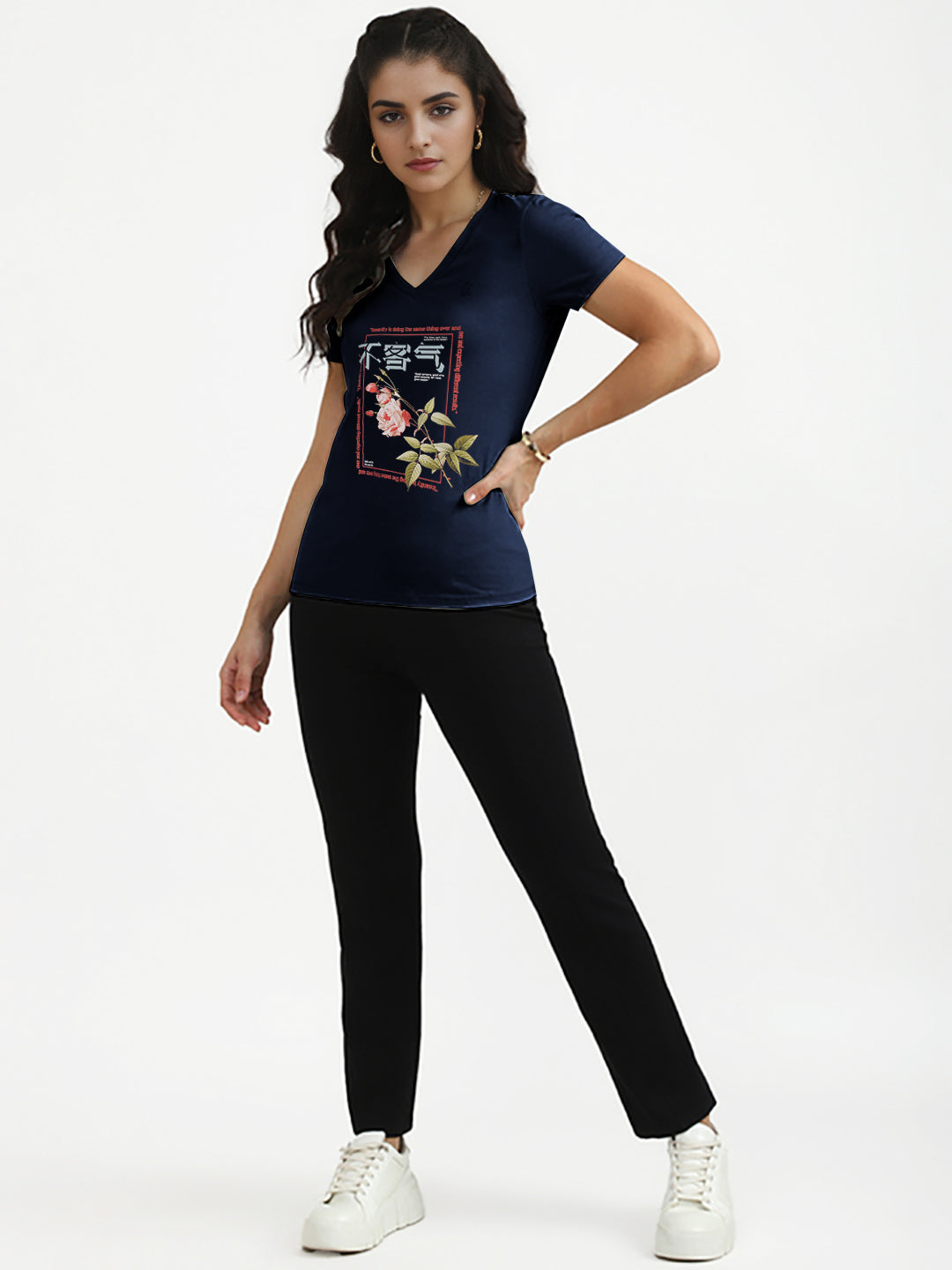 Radprix Women Navy Printed Half Sleeve V Neck T-shirt