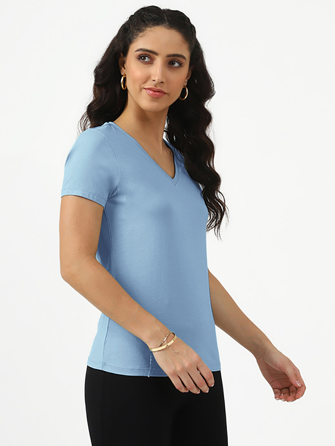 Radprix Women Basic Light Blue V Neck T-shirts