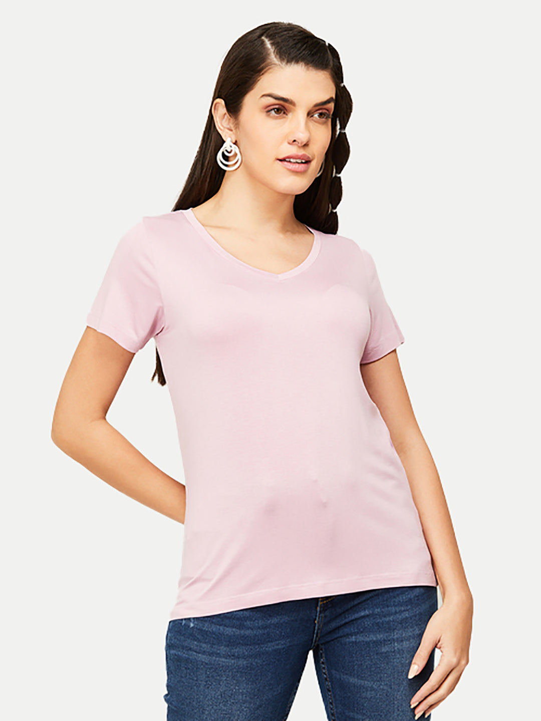 Radprix Women Basic Pink V Neck T-shirt