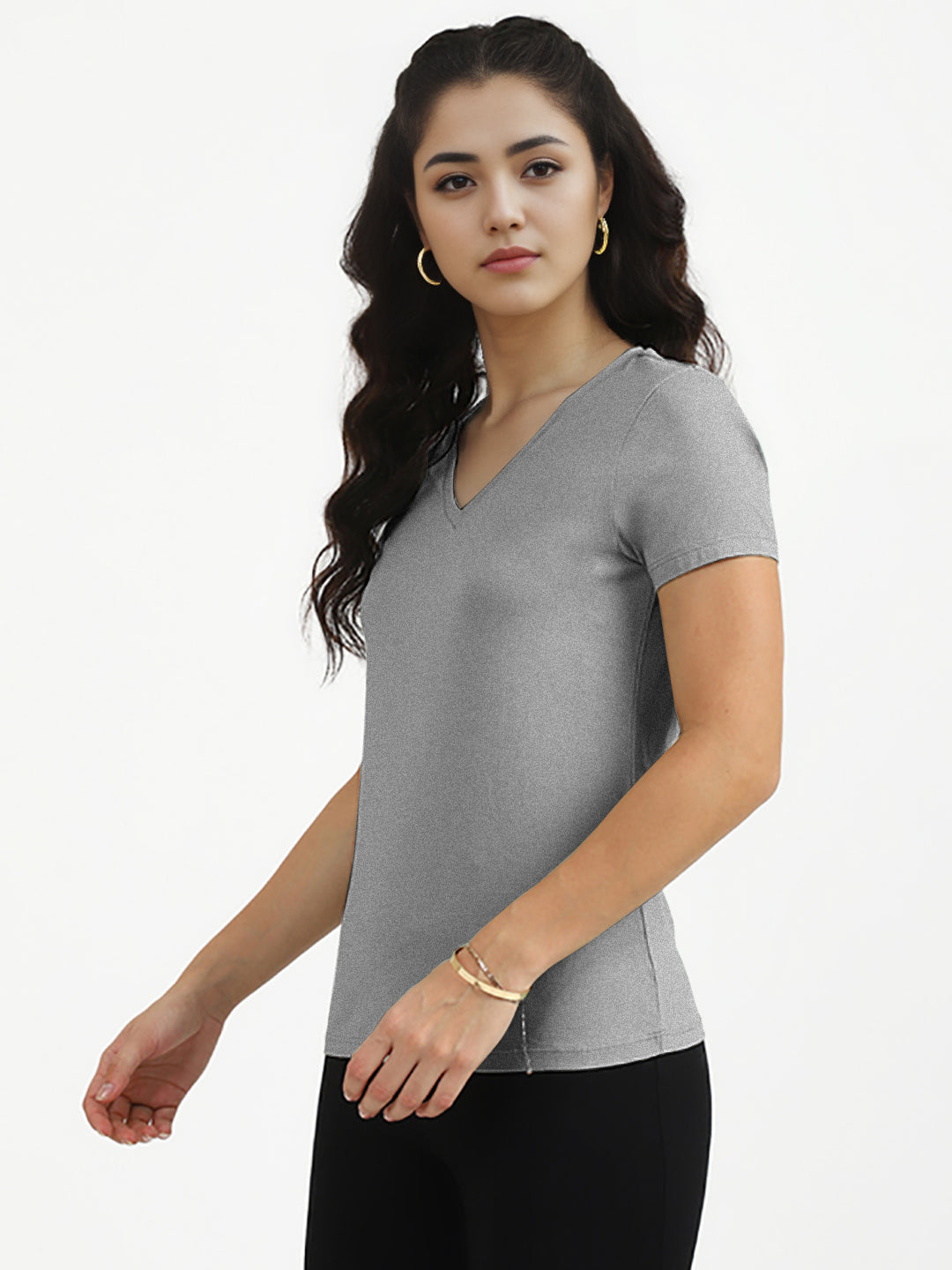 Radprix Women Grey Melange V Neck T-shirt