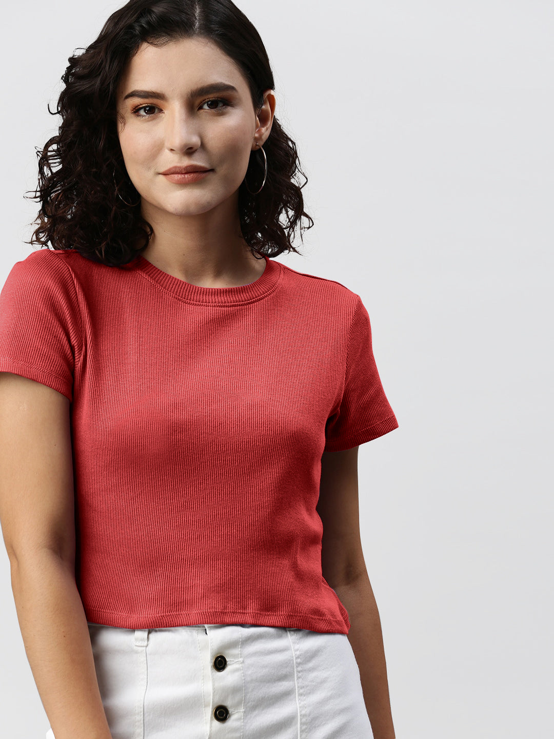 Radprix Women Red Cropped Crew Neck T shirts