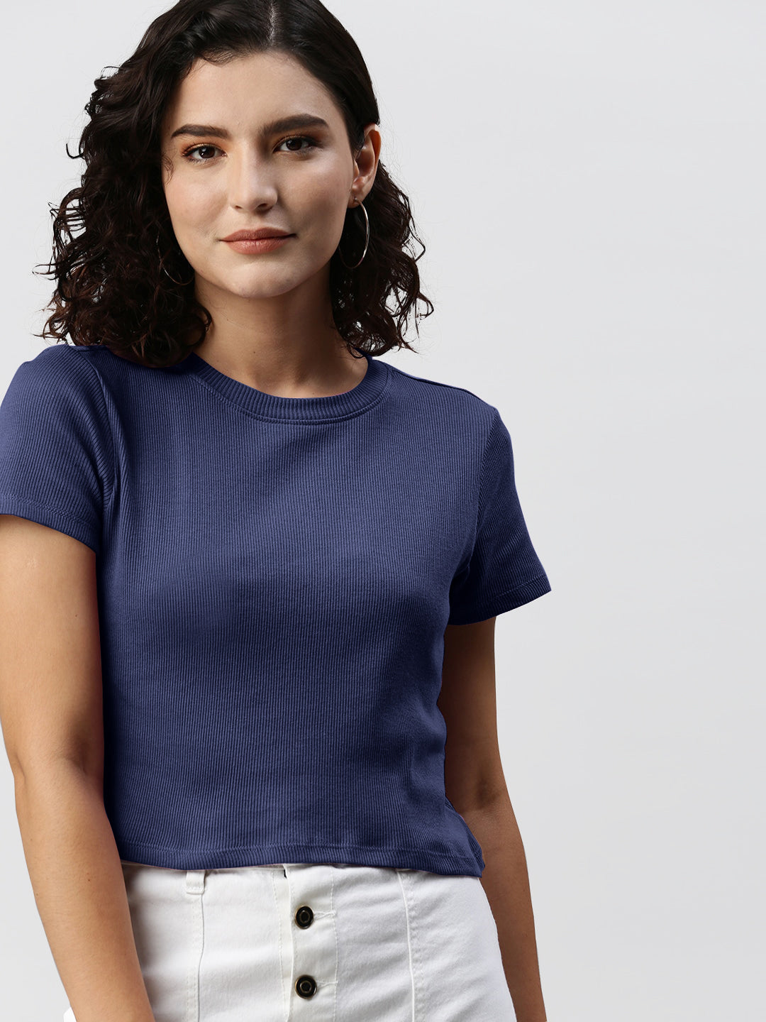 Radprix Women Dark Blue Cropped Crew Neck T shirts