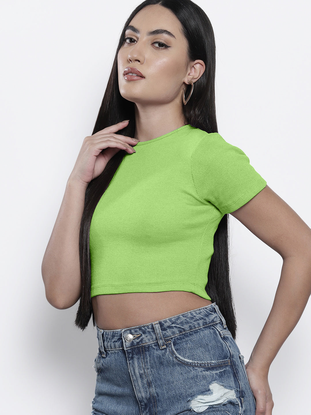 Radprix Women Flourscent Green Cropped Crew Neck T shirts