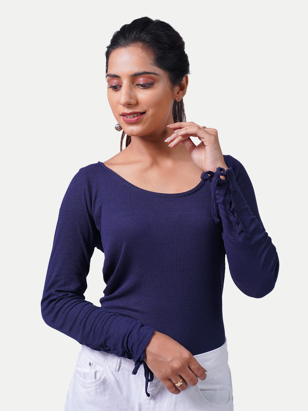 Radprix Women Navy Blue Knitted Full Sleeve Top