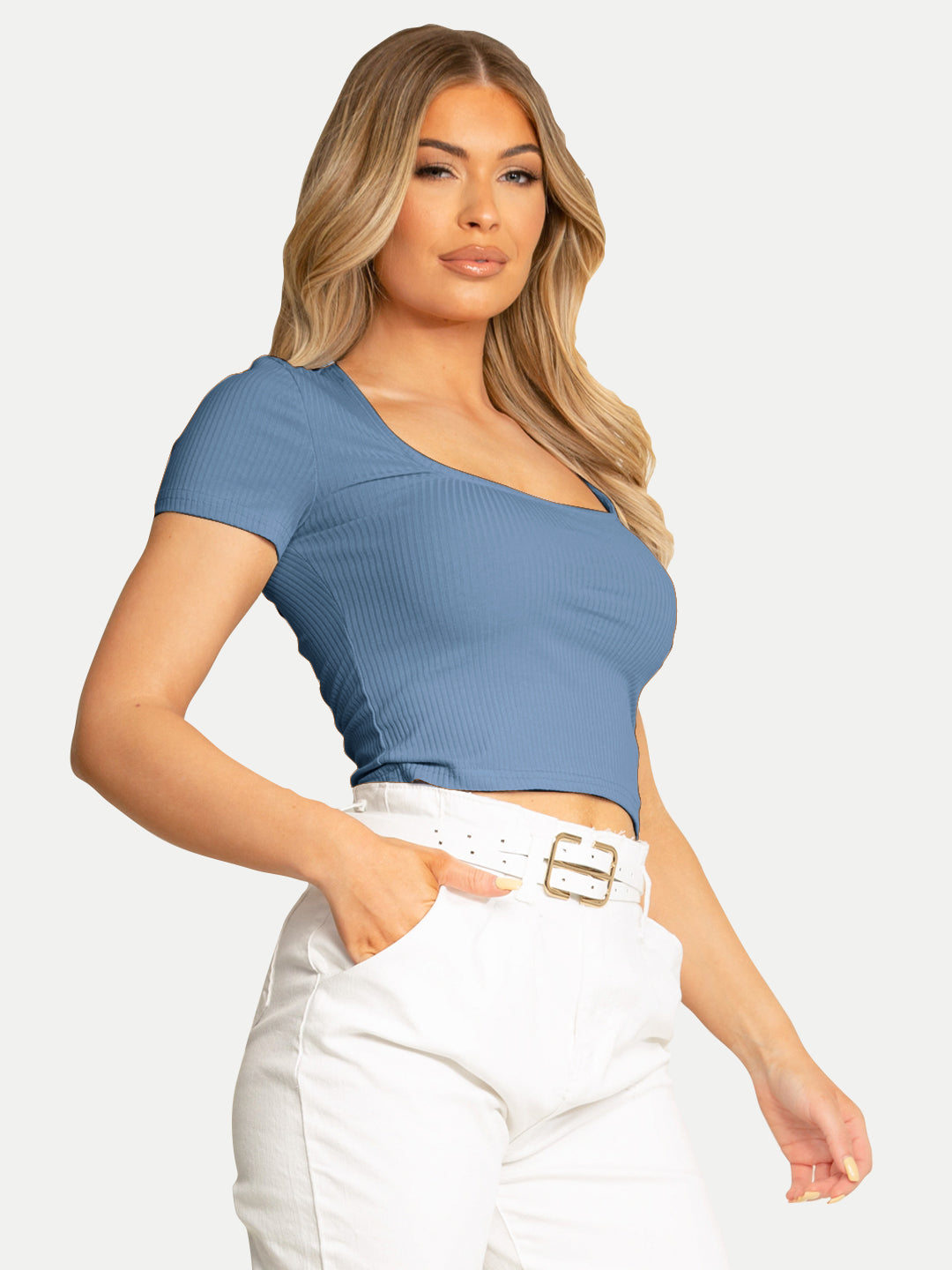 Radprix Women Blue Ribbed Knit Basic Crop Top