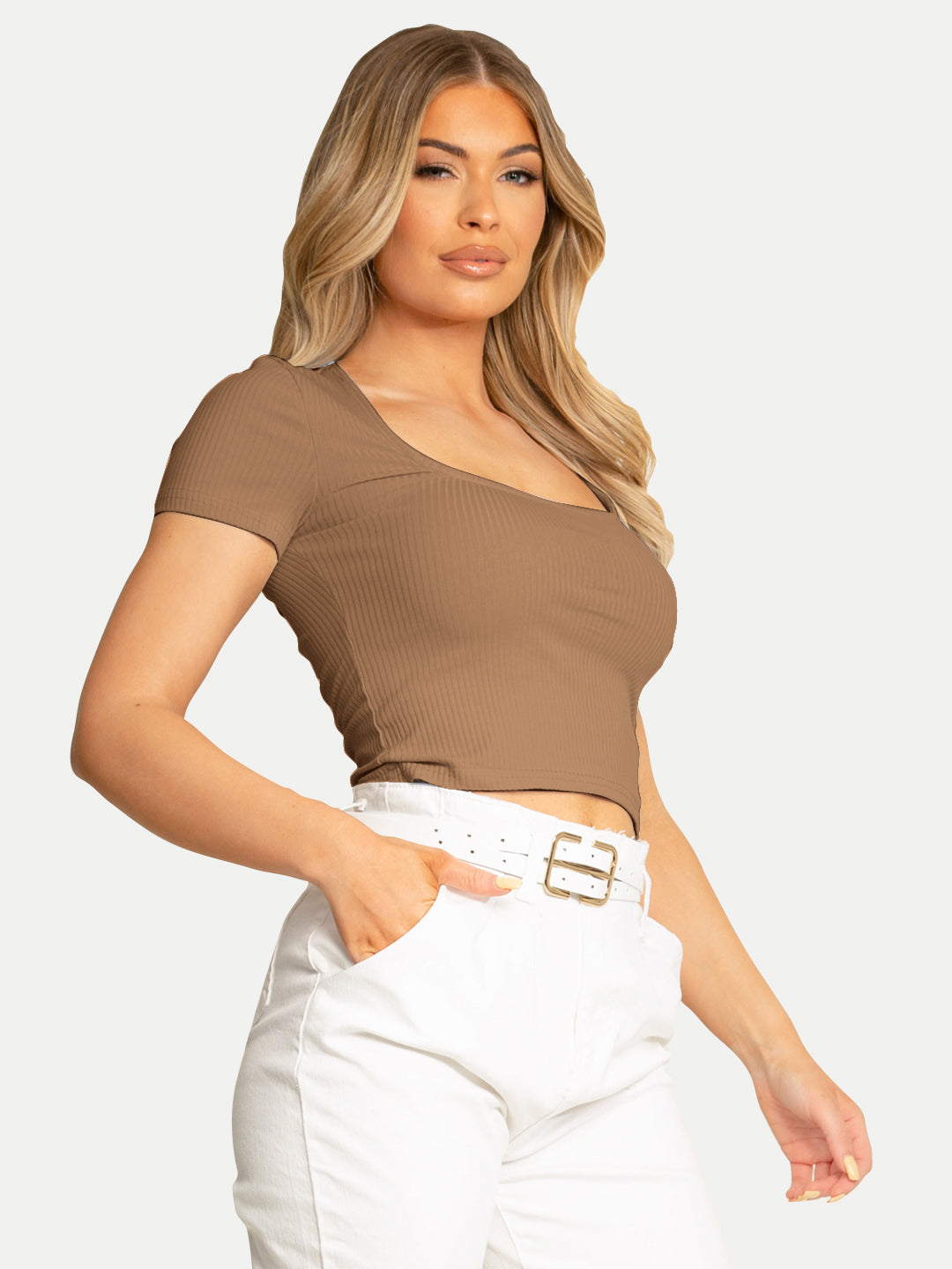 Radprix Women Brown Ribbed Knit Basic Crop Top