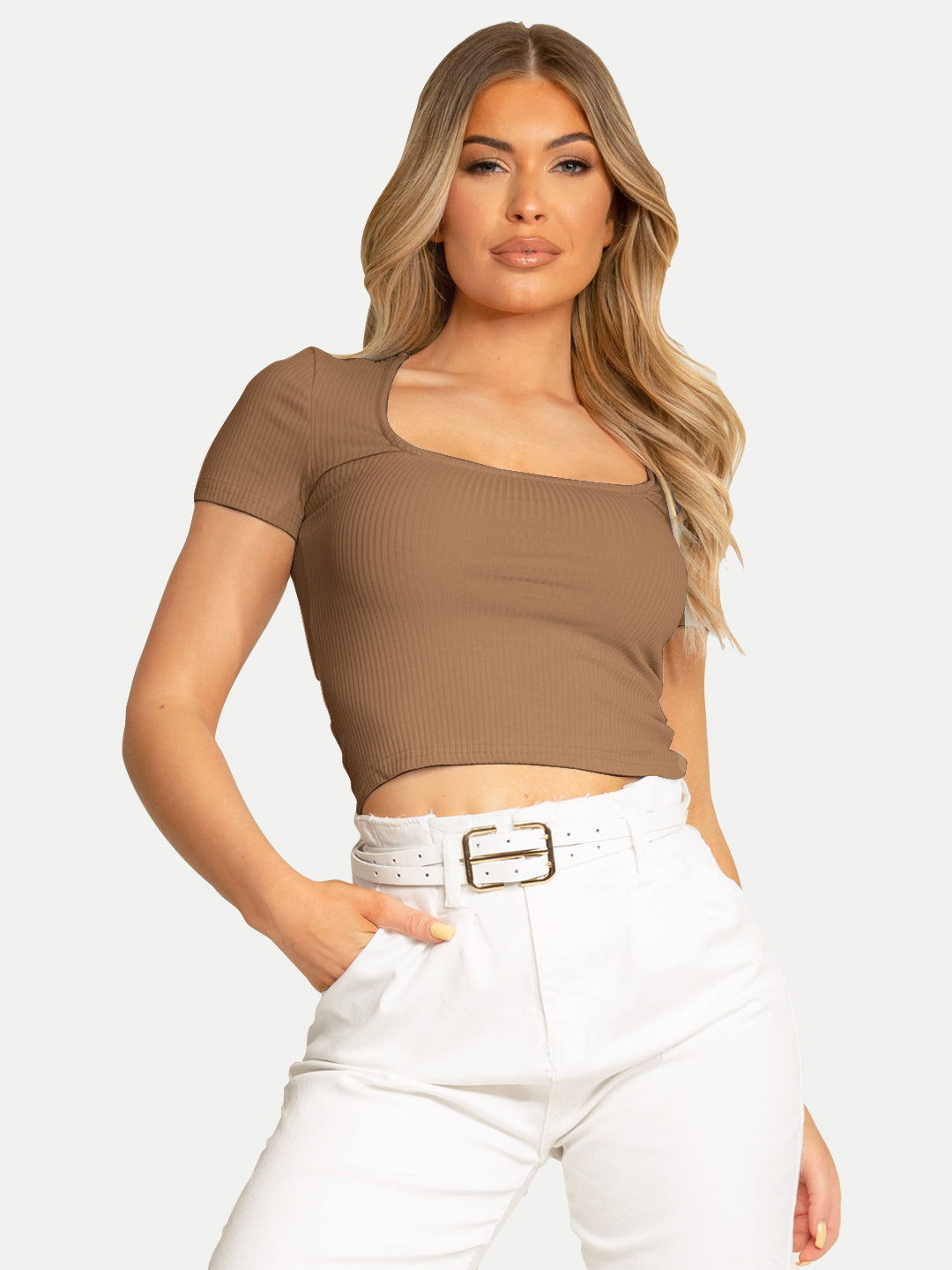 Radprix Women Brown Ribbed Knit Basic Crop Top