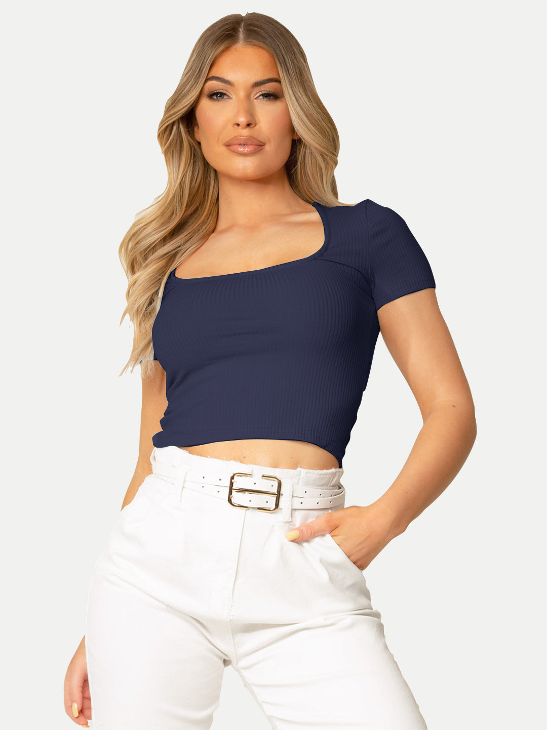 Radprix Women Navy Blue Ribbed Knit Basic Crop Top