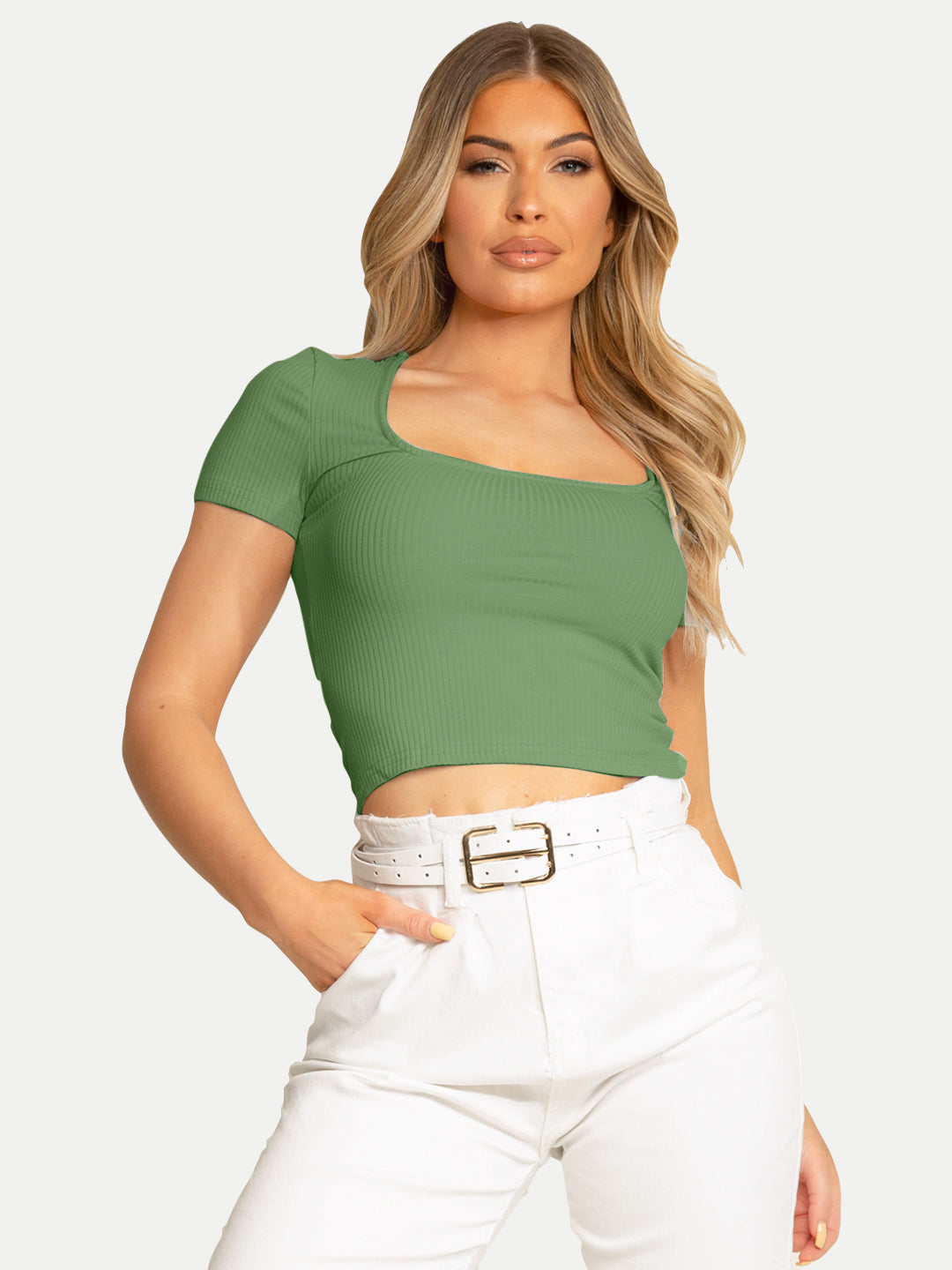 Radprix Women Green Ribbed Knit Basic Crop Top