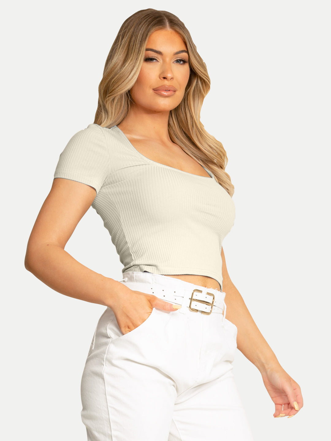 Radprix Women Cream Ribbed Knit Basic Crop Top