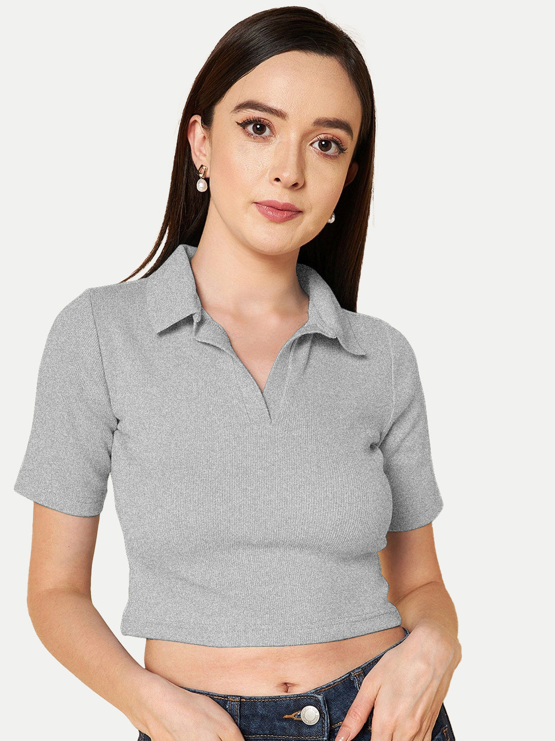 Radprix Women Grey Melange Cropped Rib Polo T shirts