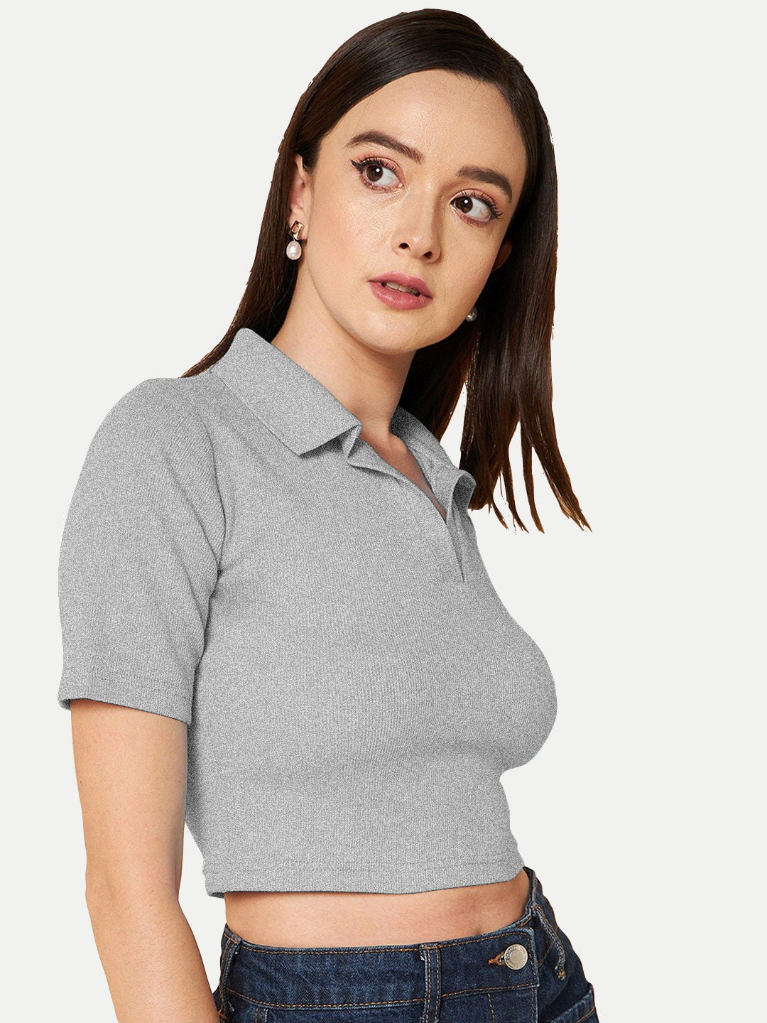 Radprix Women Grey Melange Cropped Rib Polo T shirts