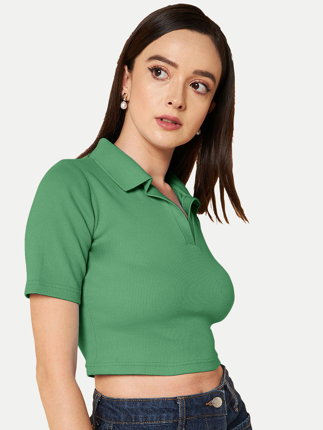 Radprix Women Green Cropped Rib Polo T shirts