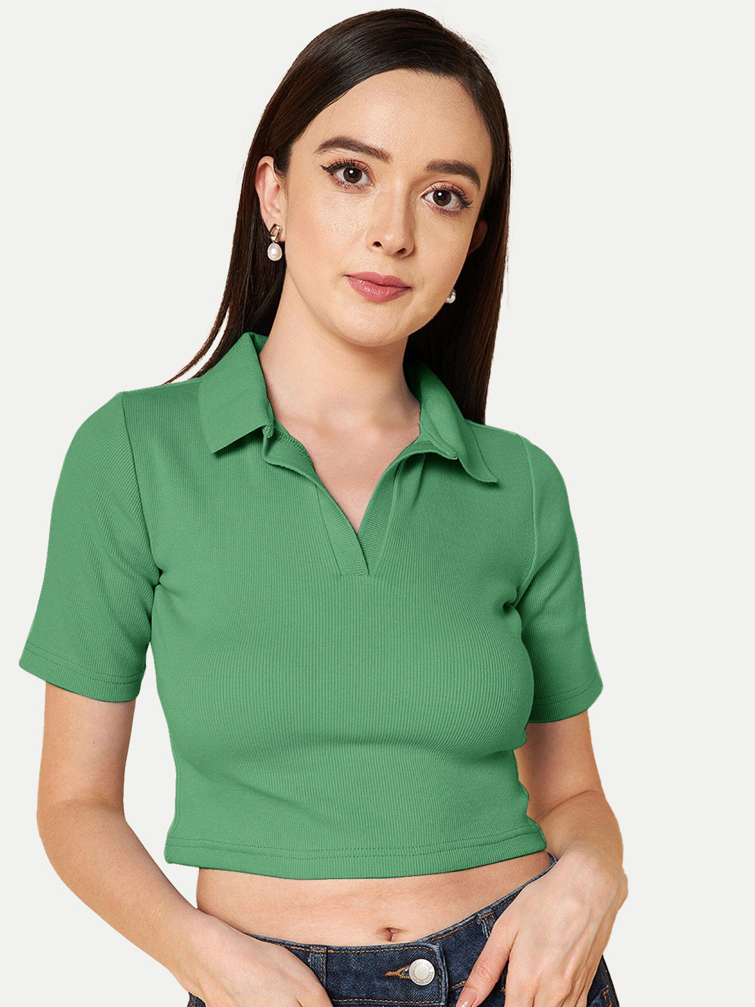 Radprix Women Green Cropped Rib Polo T shirts