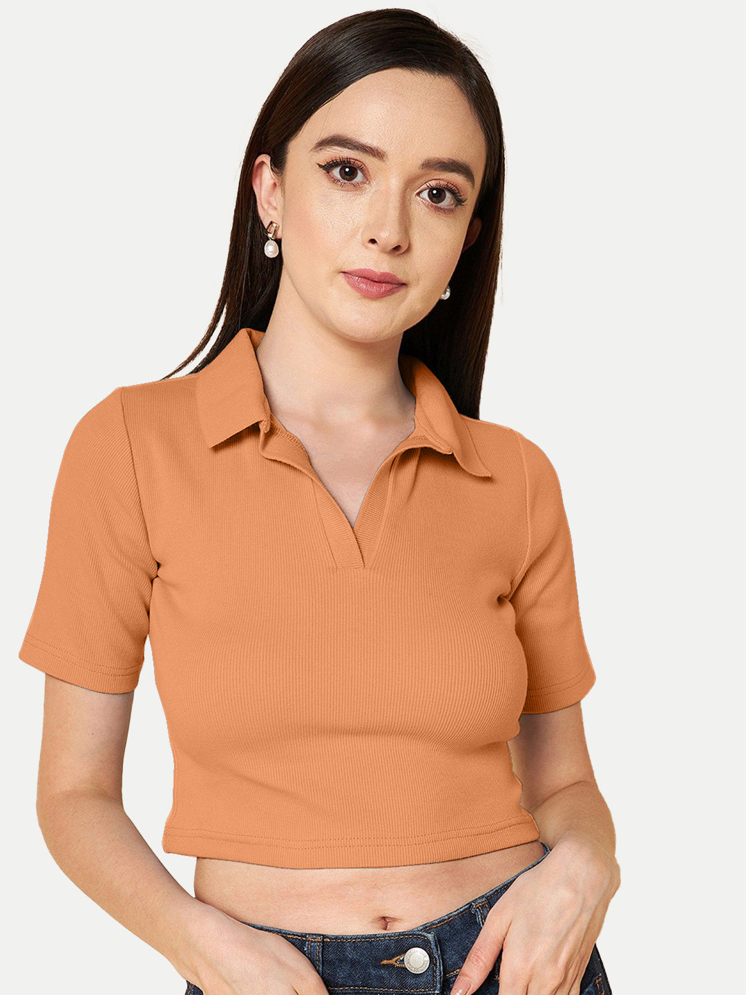 Radprix Women Orange Cropped Rib Polo T shirts