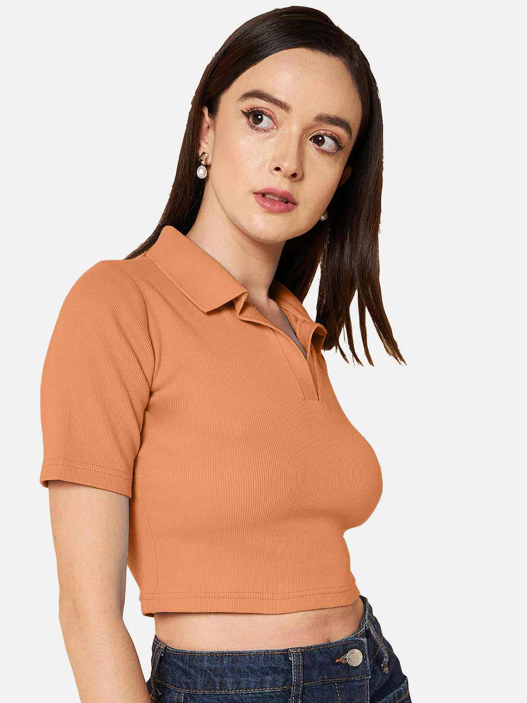 Radprix Women Orange Cropped Rib Polo T shirts