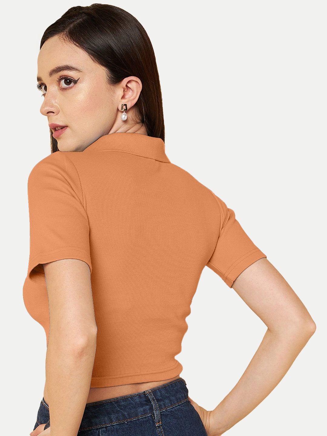 Radprix Women Orange Cropped Rib Polo T shirts