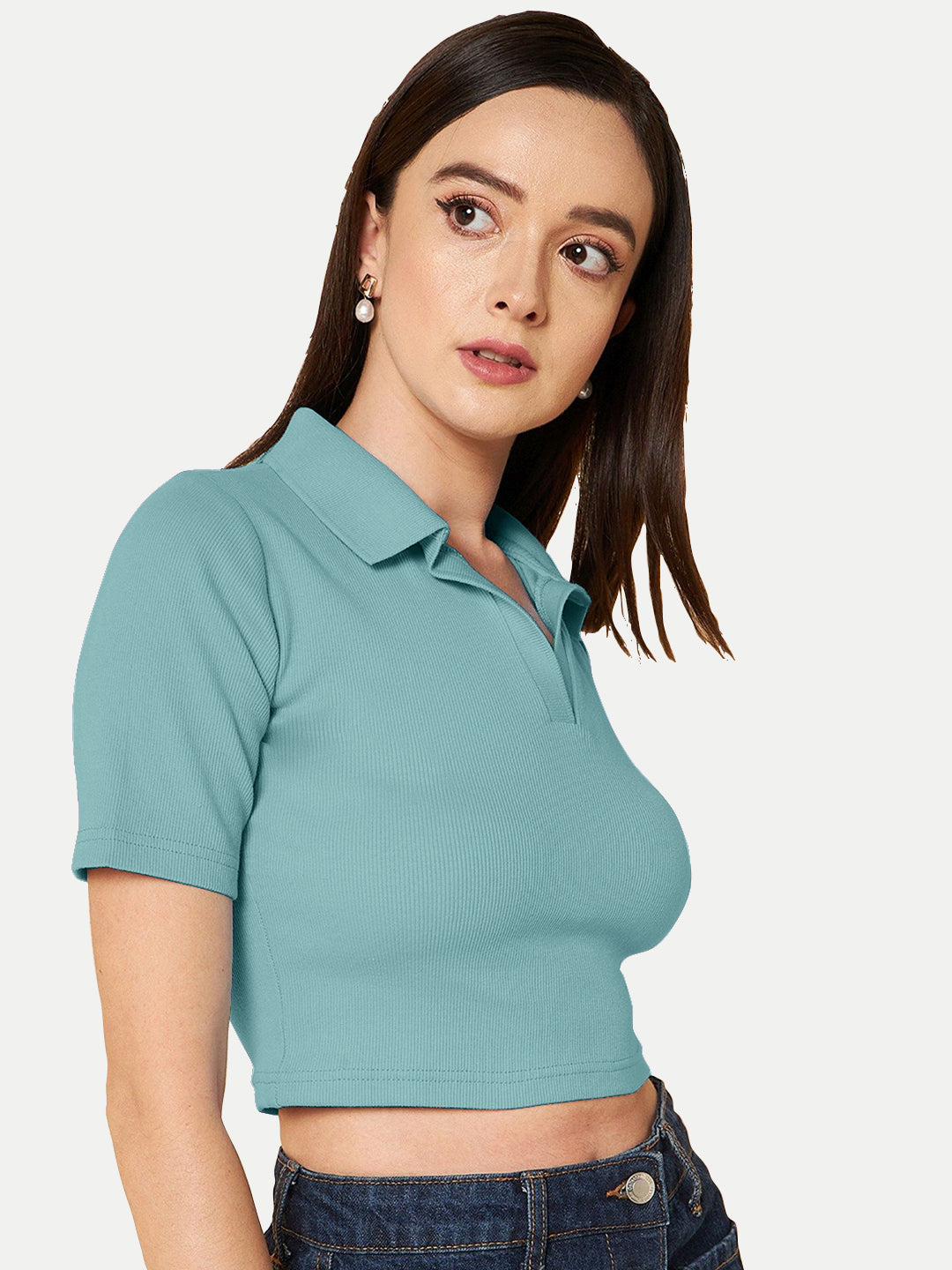 Radprix Women LightTeal Cropped Rib Polo T shirts