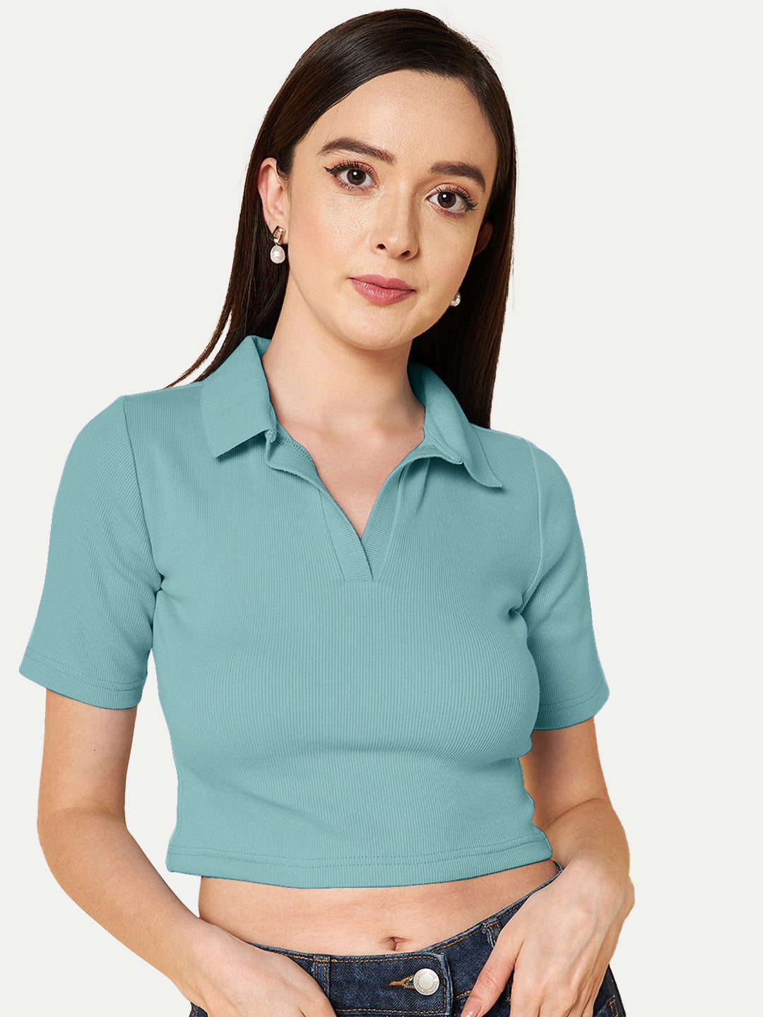 Radprix Women LightTeal Cropped Rib Polo T shirts