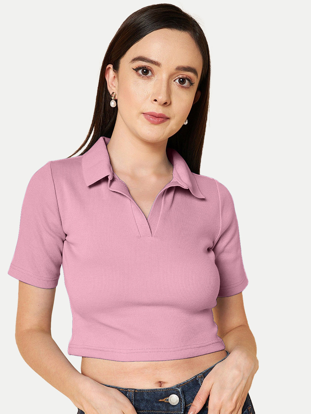 Radprix Women Pink Cropped Rib Polo T shirts