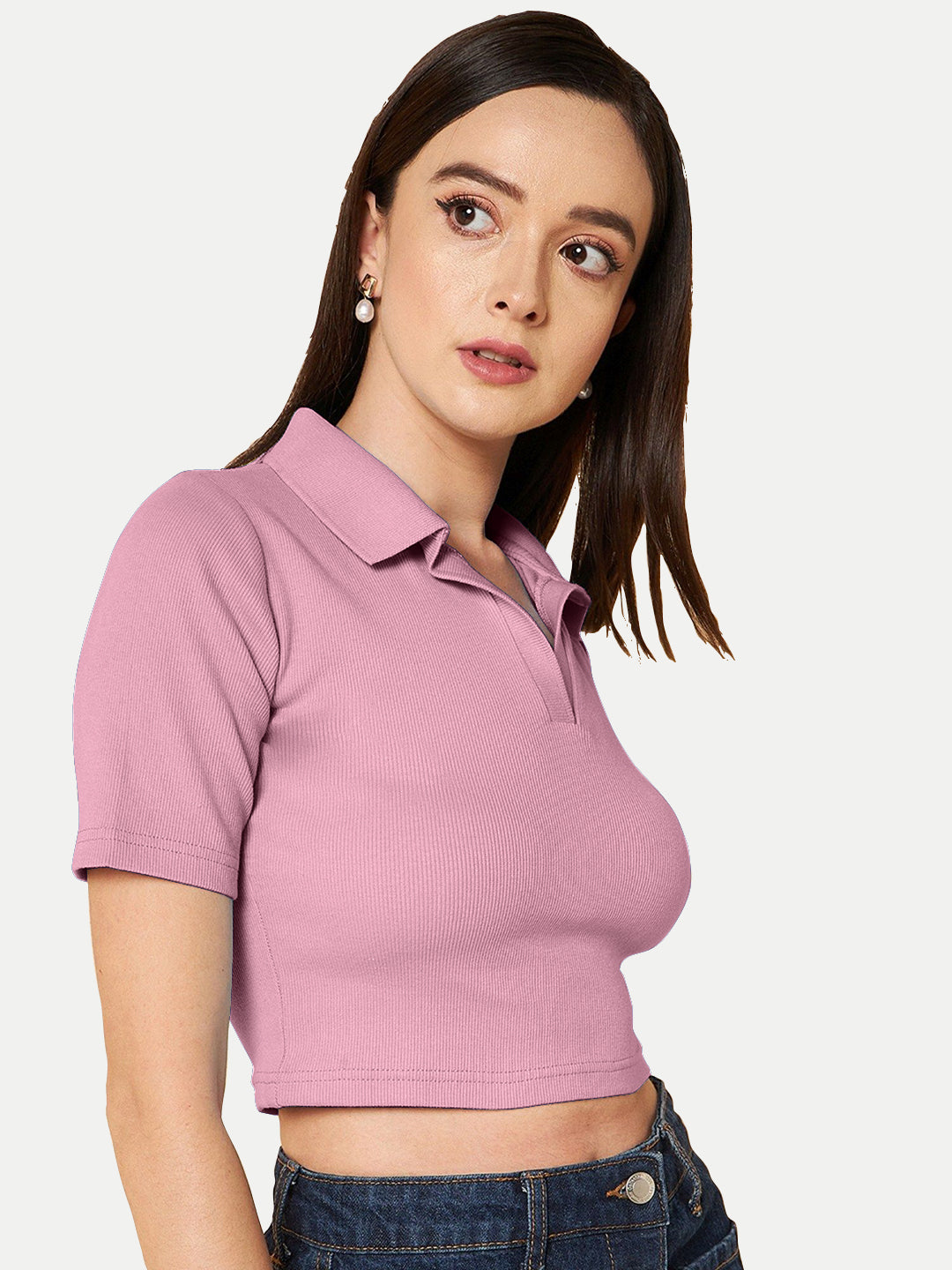 Radprix Women Pink Cropped Rib Polo T shirts