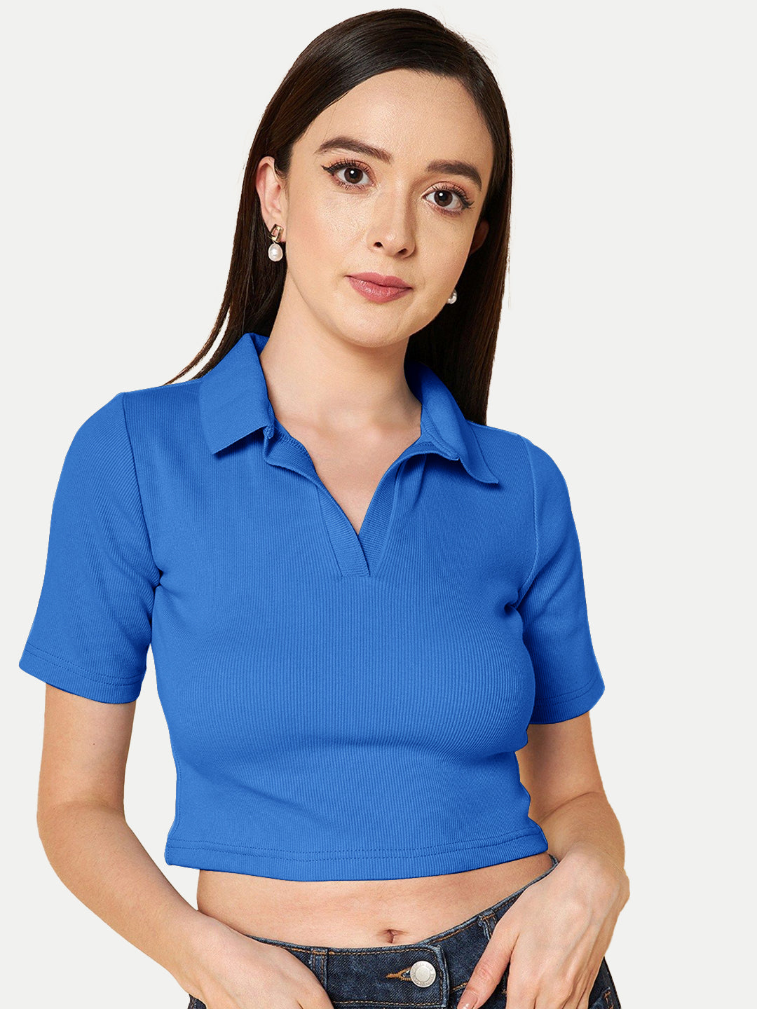 Radprix Women Blue Cropped Rib Polo T shirts