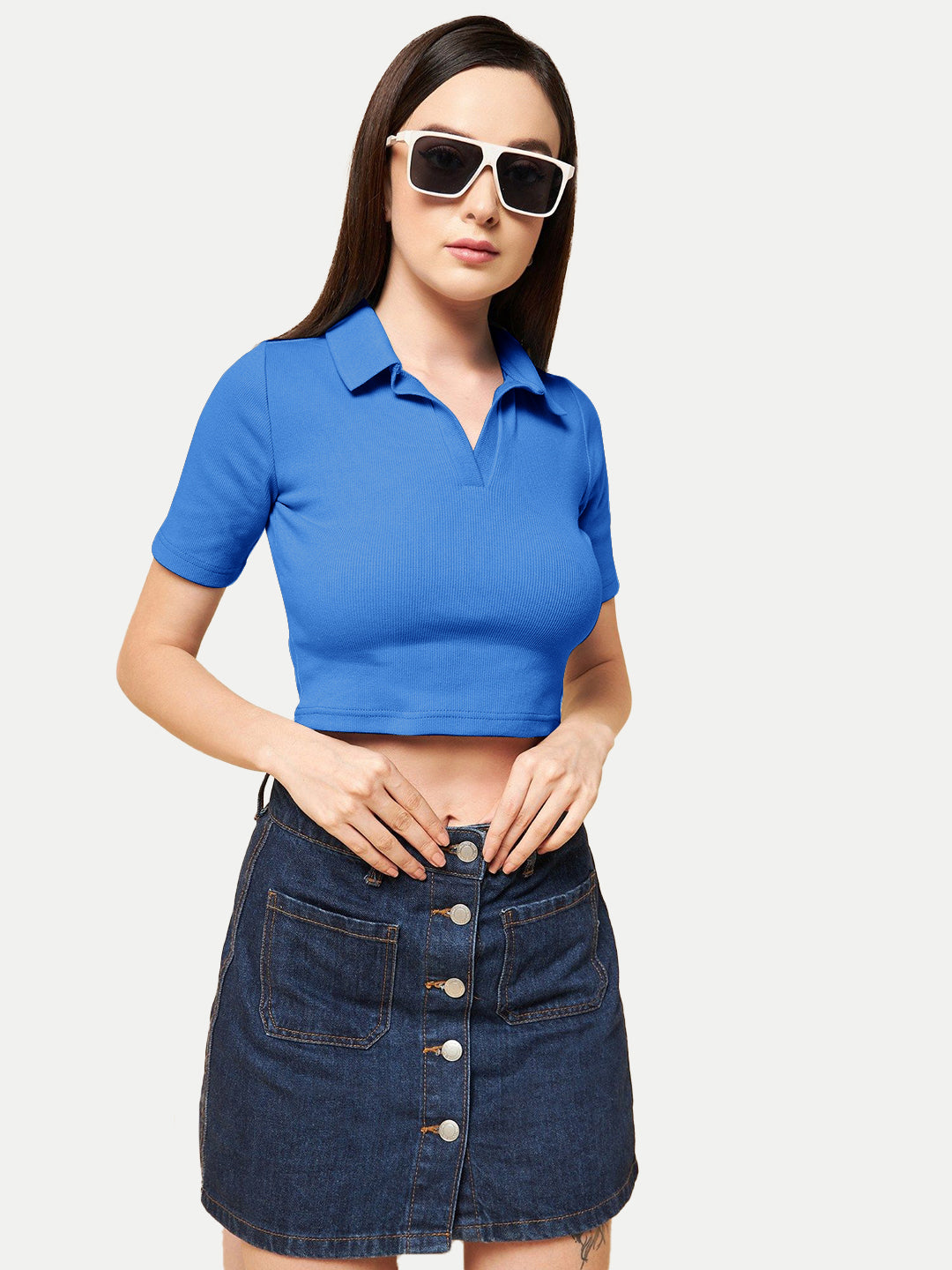 Radprix Women Blue Cropped Rib Polo T shirts