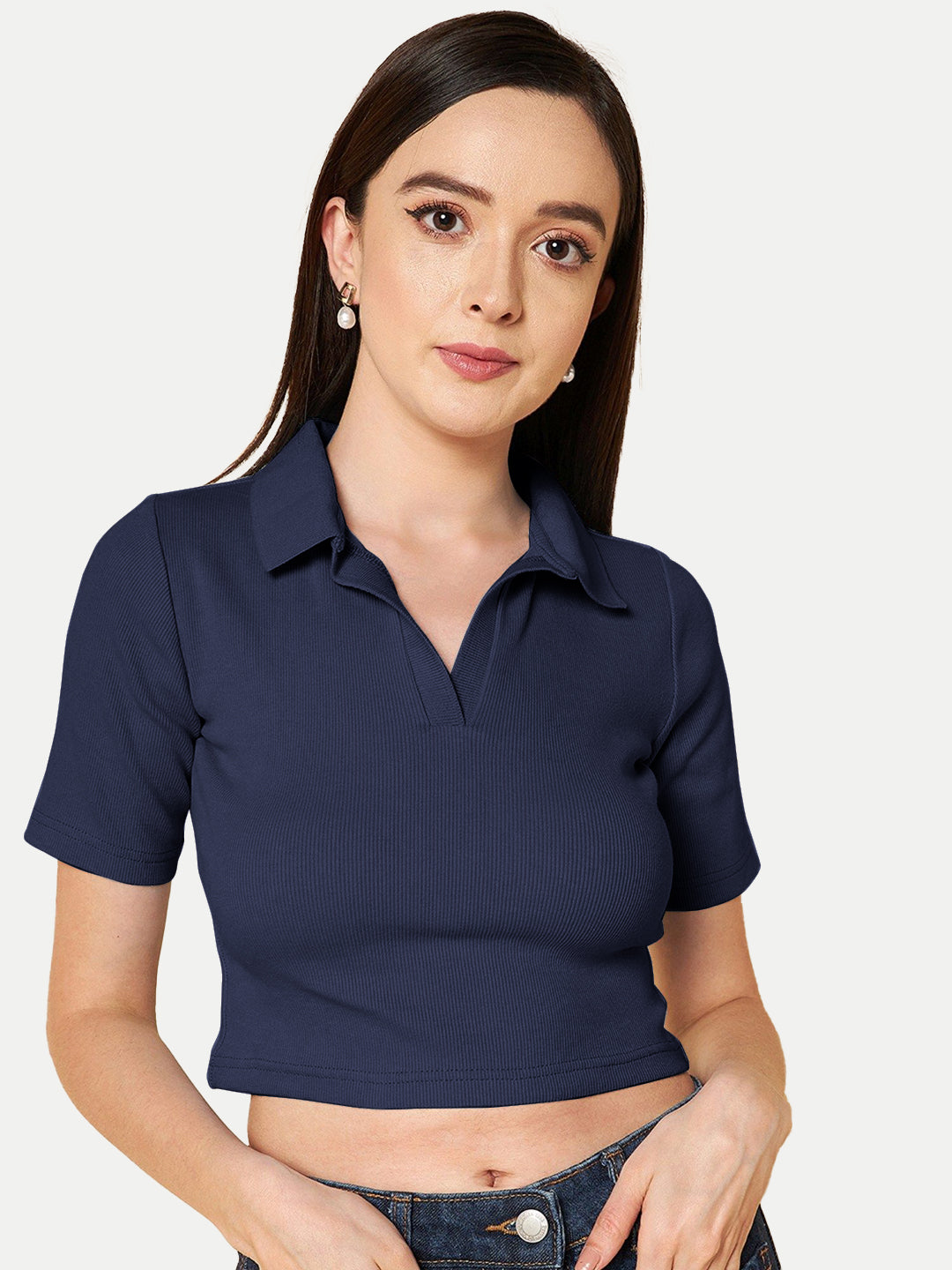 Radprix Women Navy Blue Cropped Rib Polo T shirts