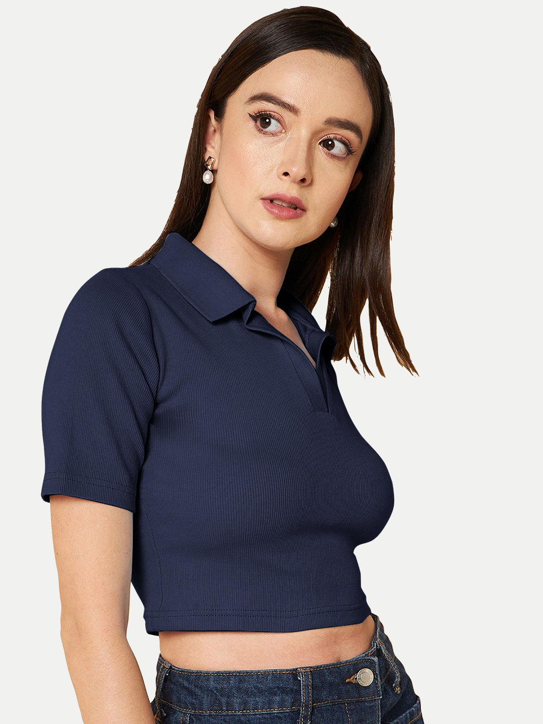 Radprix Women Navy Blue Cropped Rib Polo T shirts