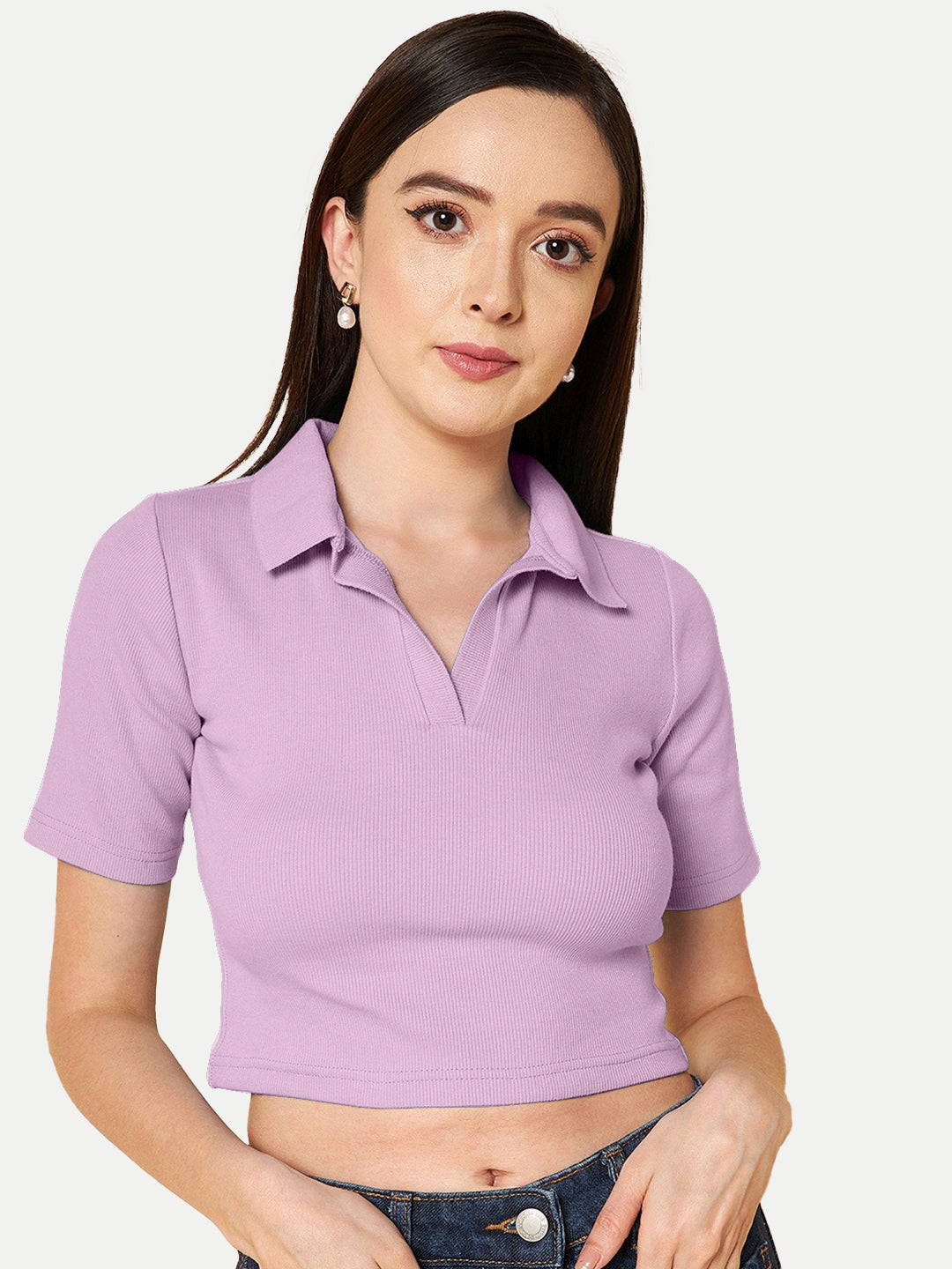 Radprix Women Light Purple Cropped Rib Polo T shirts