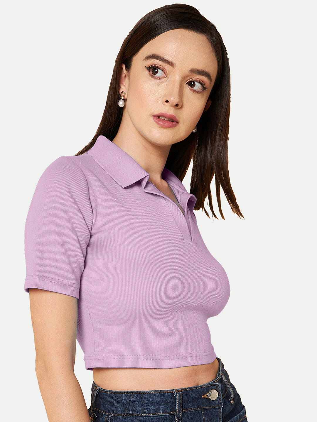 Radprix Women Light Purple Cropped Rib Polo T shirts