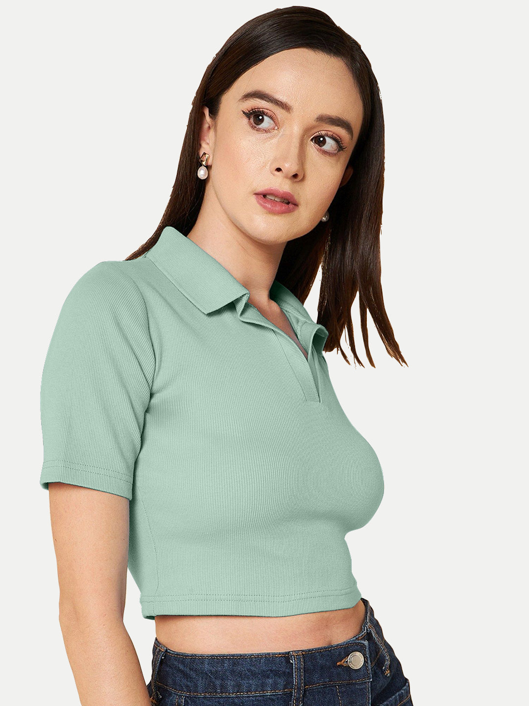 Radprix Women Mint Green Cropped Rib Polo T shirts