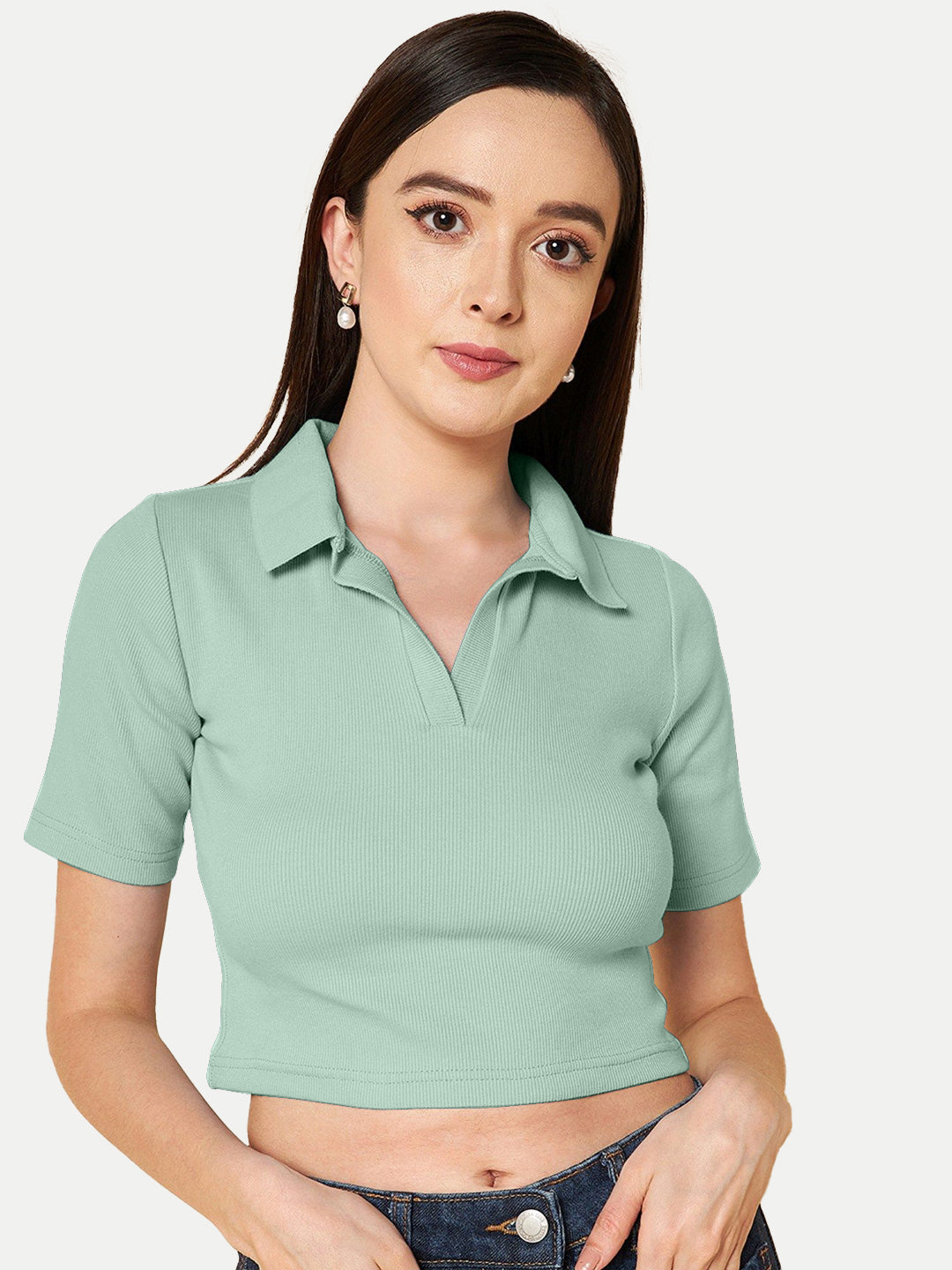 Radprix Women Mint Green Cropped Rib Polo T shirts