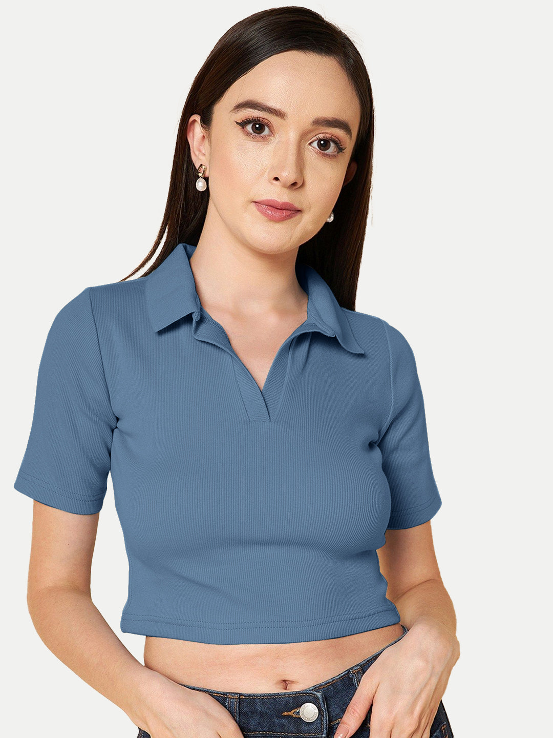 Radprix Women Dark Teal Cropped Rib Polo T shirts