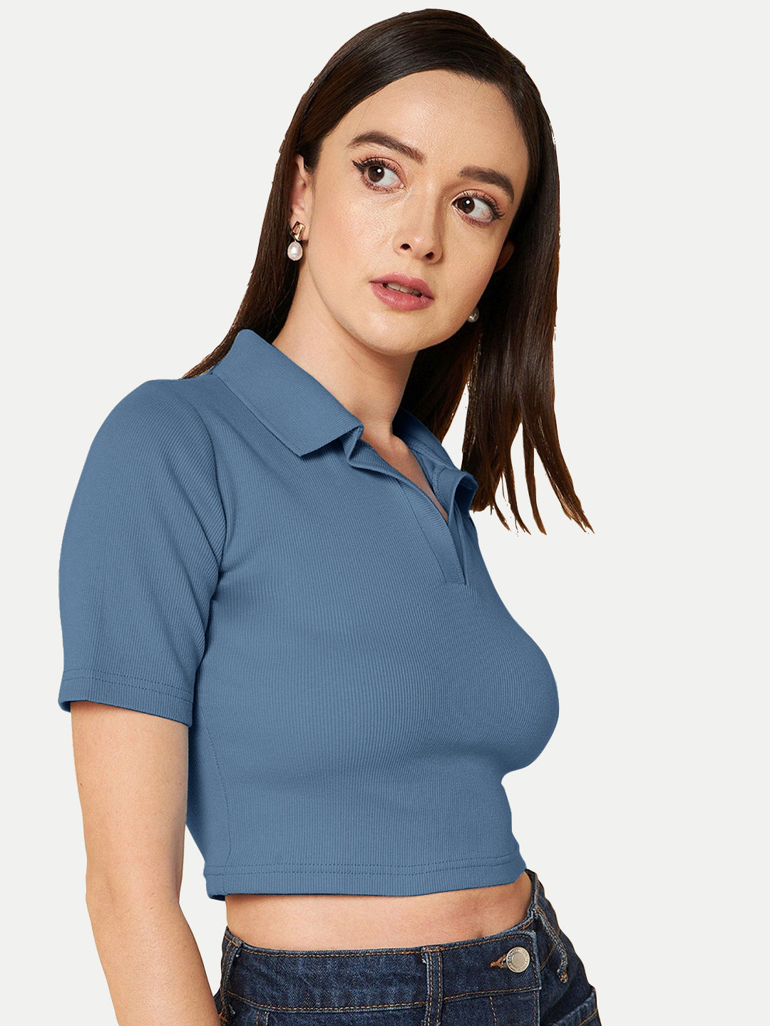 Radprix Women Dark Teal Cropped Rib Polo T shirts