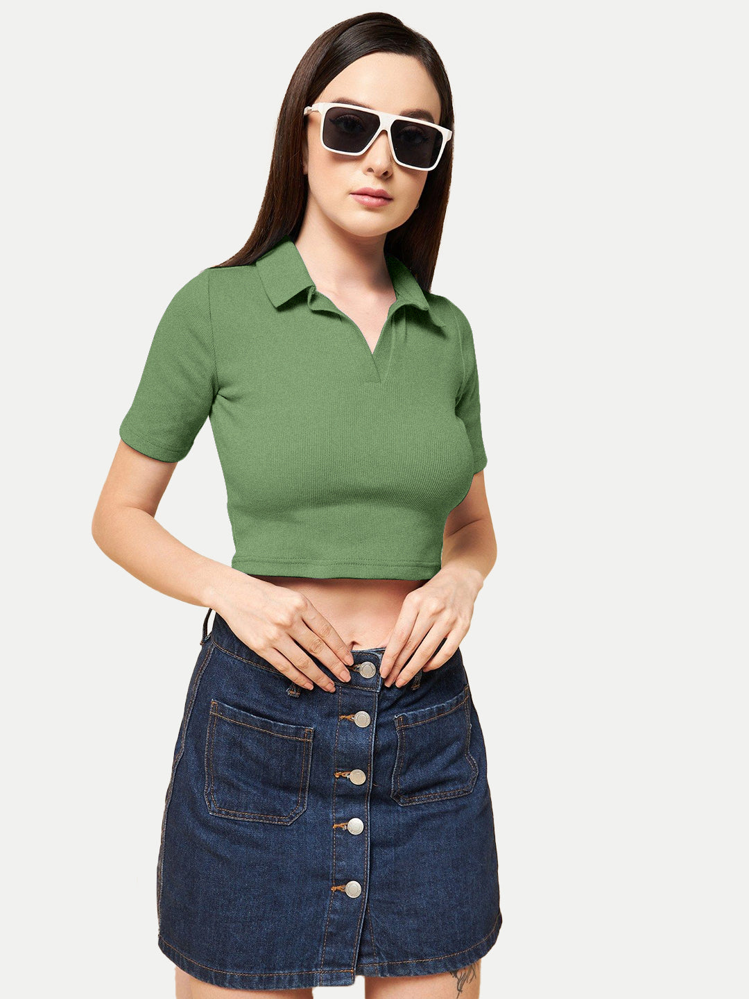 Radprix Women Olive Green Cropped Rib Polo T shirts