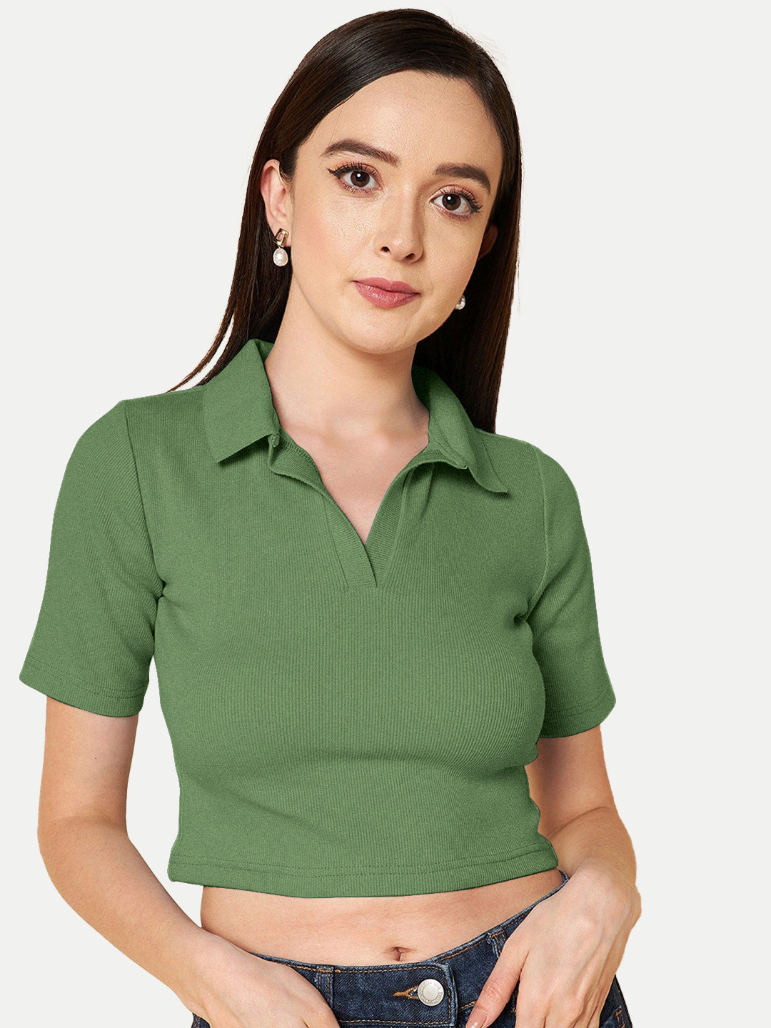 Radprix Women Olive Green Cropped Rib Polo T shirts