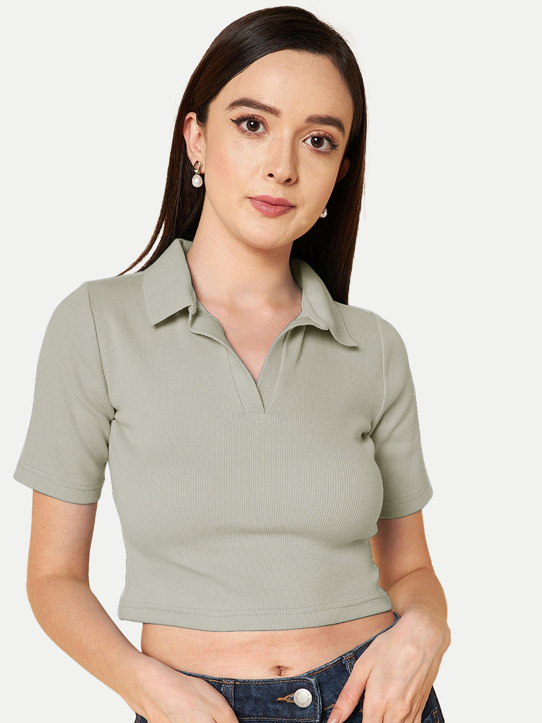 Radprix Women Light Grey Cropped Rib Polo T shirts