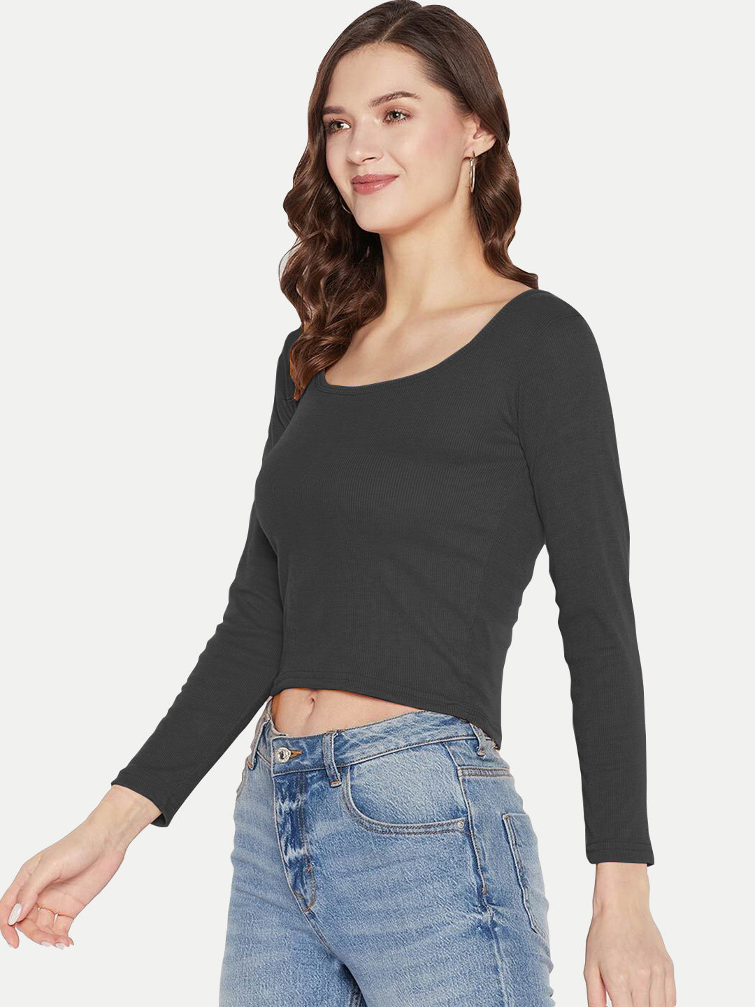 Radprix Women Black Knitted Ribbed Full Sleeve Tops