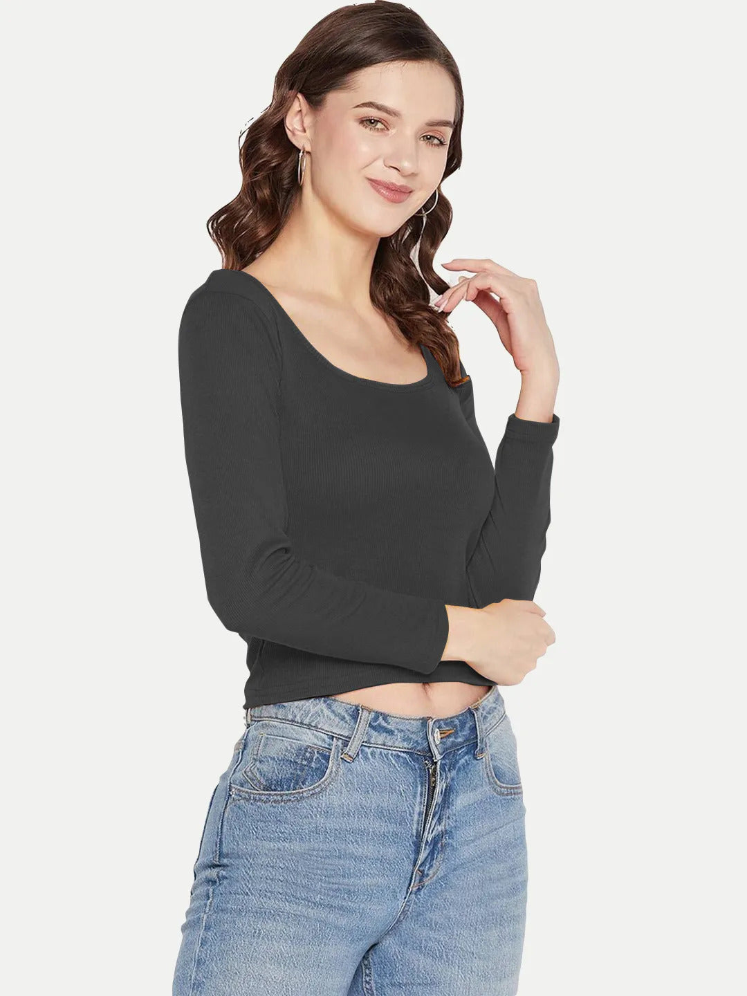 Radprix Women Black Knitted Ribbed Full Sleeve Tops