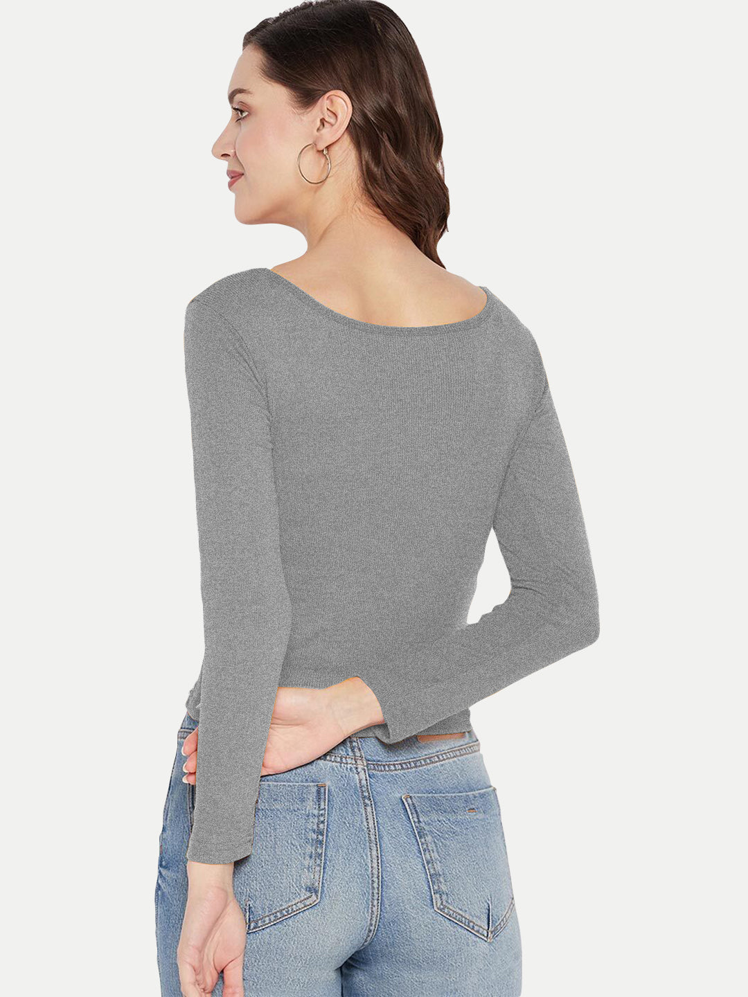 Radprix Women Grey Melange Knitted Ribbed Full Sleeve Tops