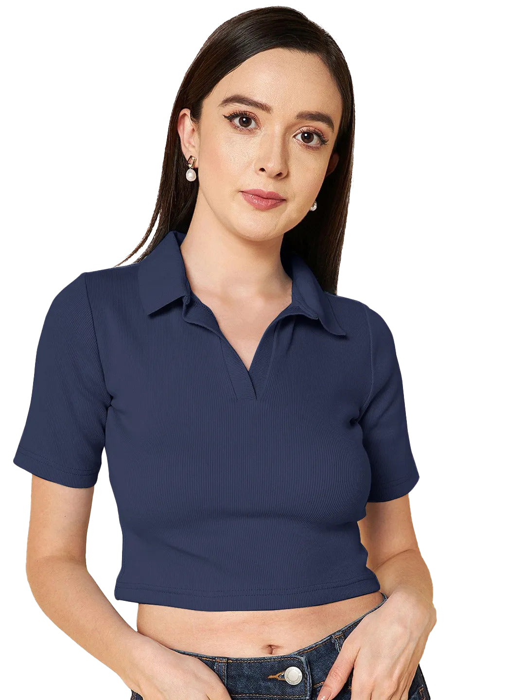 Radprix Women Navy Cropped Rib Polo T shirts