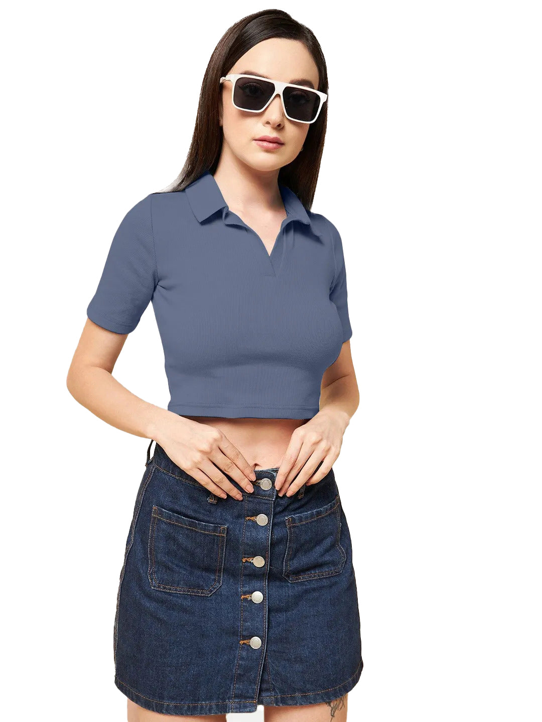 Radprix Women Dark Blue Cropped Rib Polo T shirts