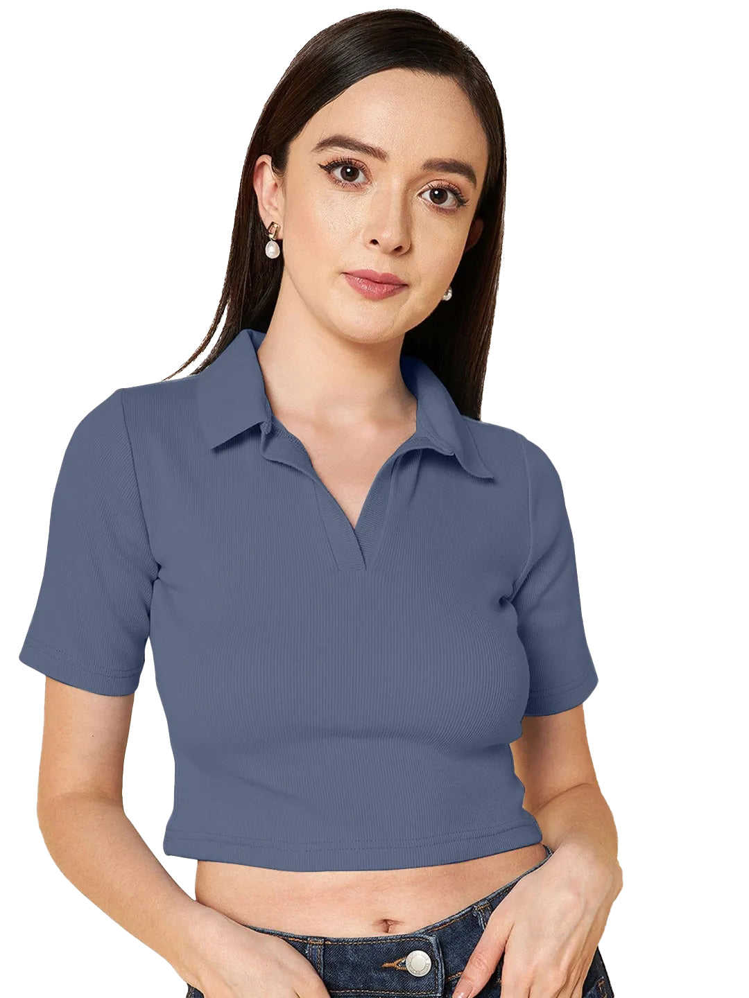 Radprix Women Dark Blue Cropped Rib Polo T shirts