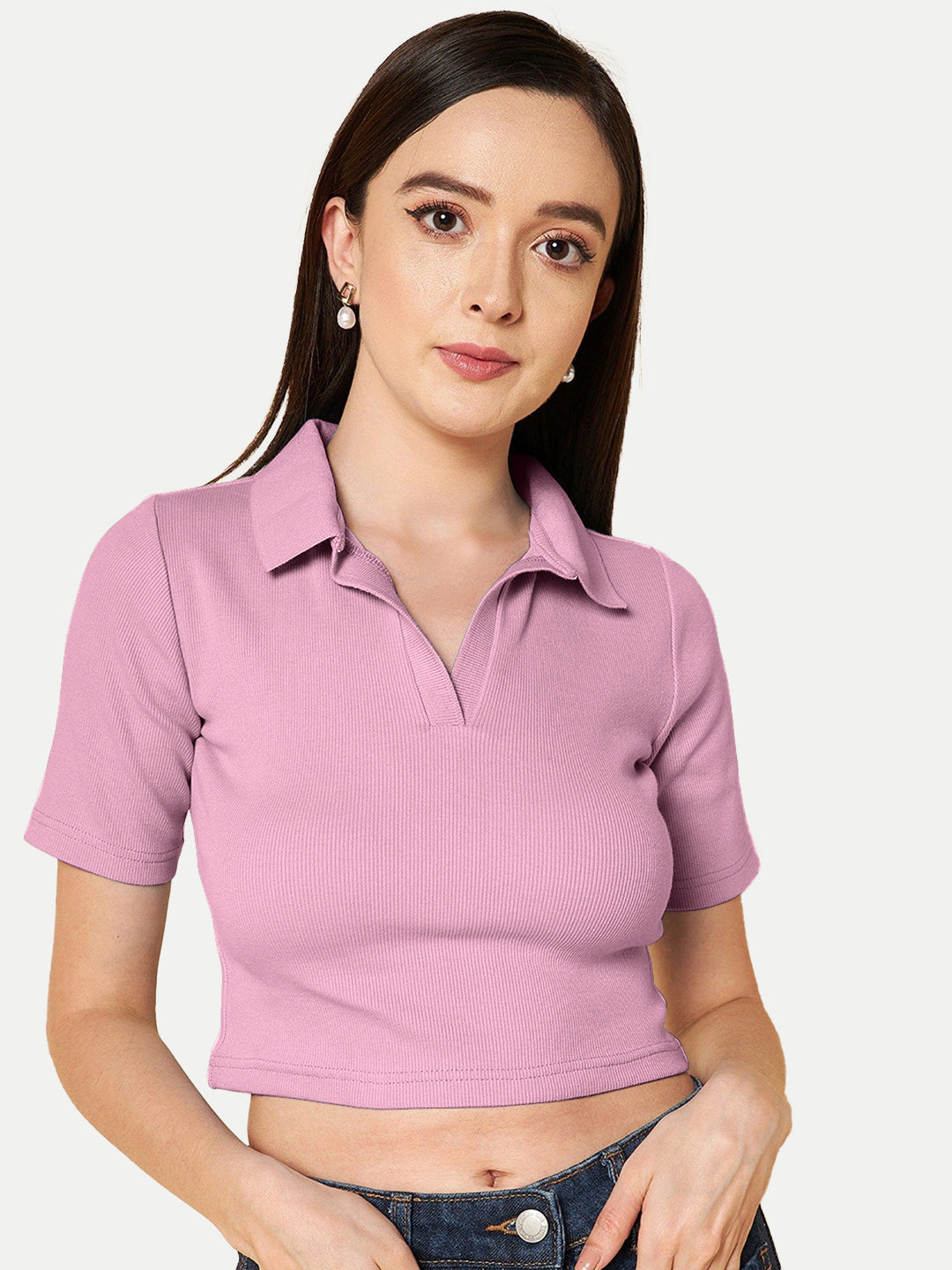 Radprix Women Light Pink Cropped Rib Polo T shirts